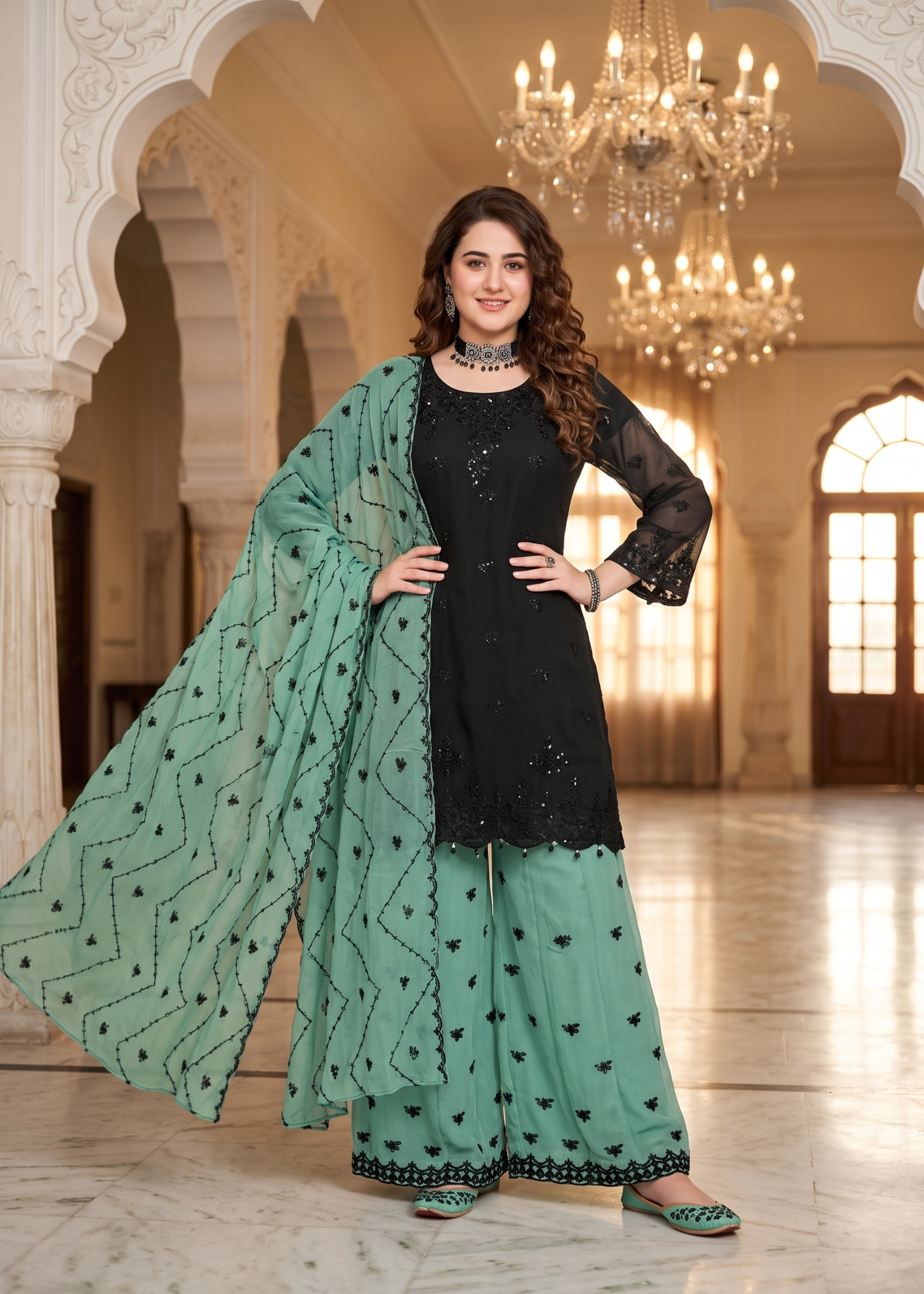 chiffon Sharara in Black, jungle green