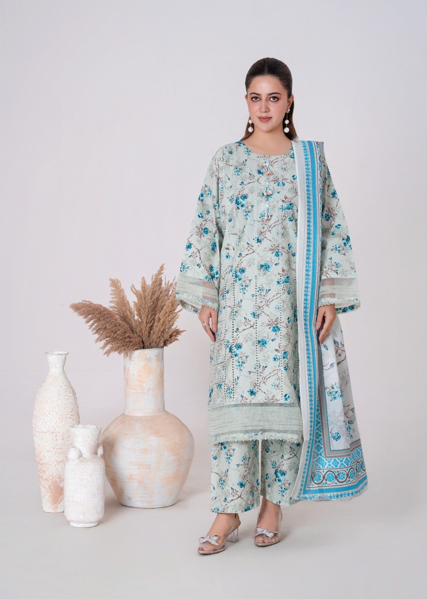 khaddar Kurta Set in White, sky blue
