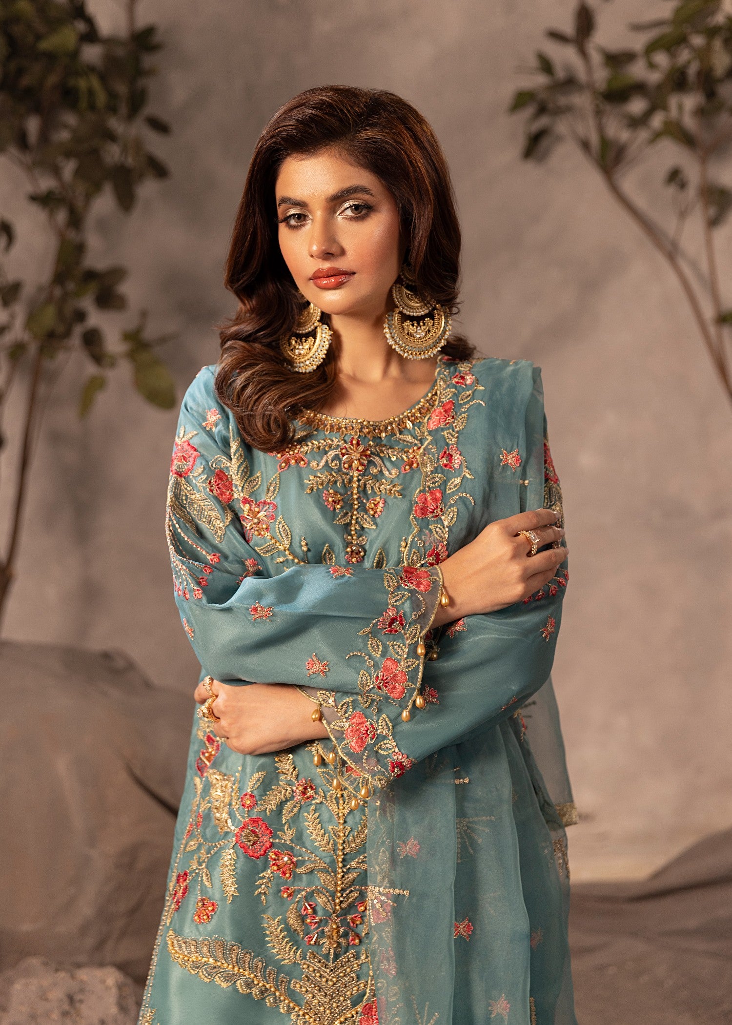 organza Gharara in Aquamarine