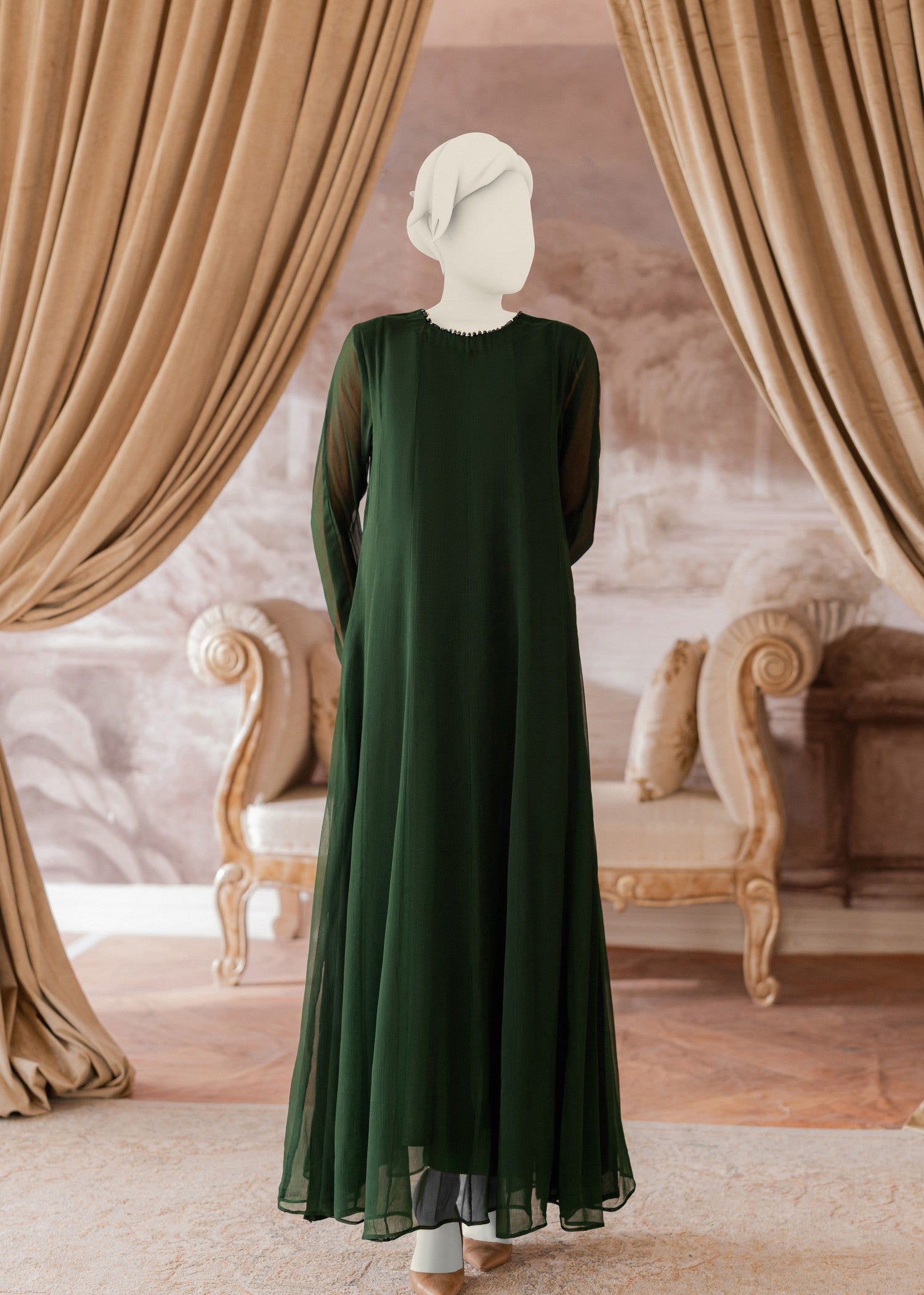 polyester chiffon Pishwas in Bottle green