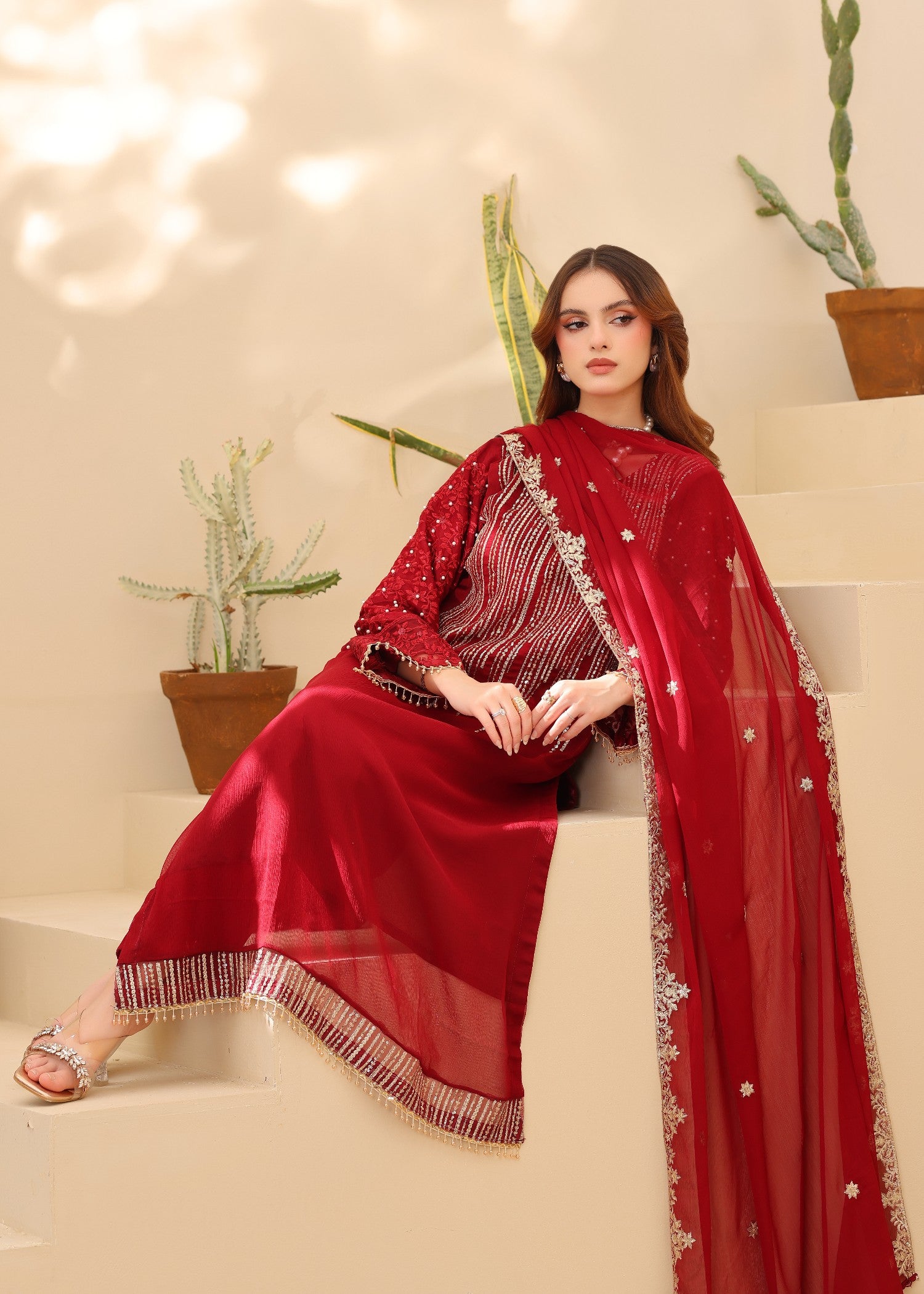 chiffon Kurta Set in Maroon