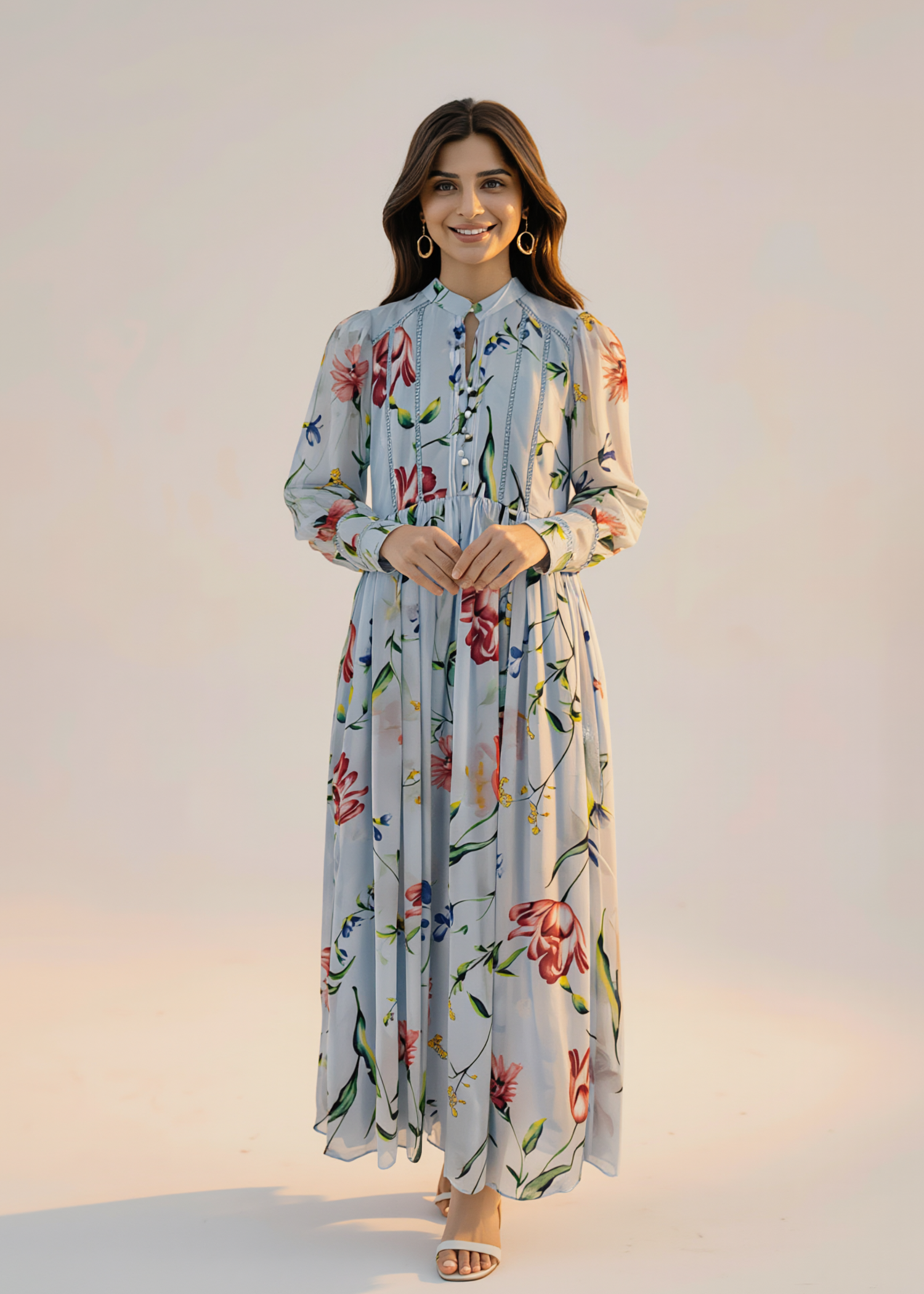crinkle chiffon Maxi in Powder blue, white