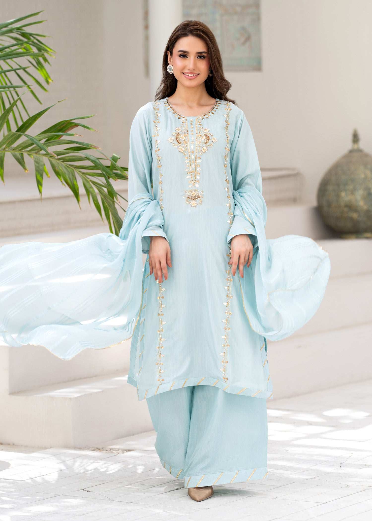 blended grip silk Kurta Set in Aquamarine