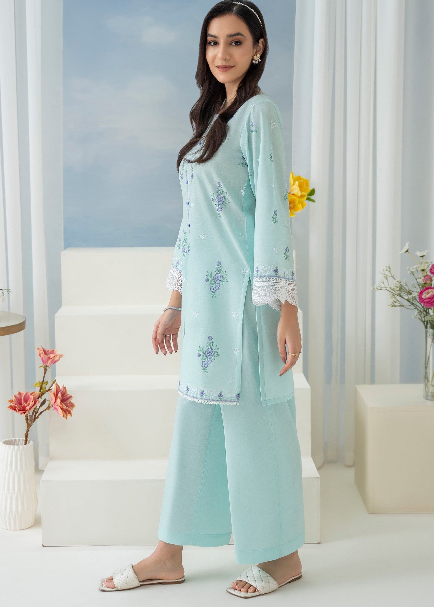 cambric Kurta Set in Powder blue