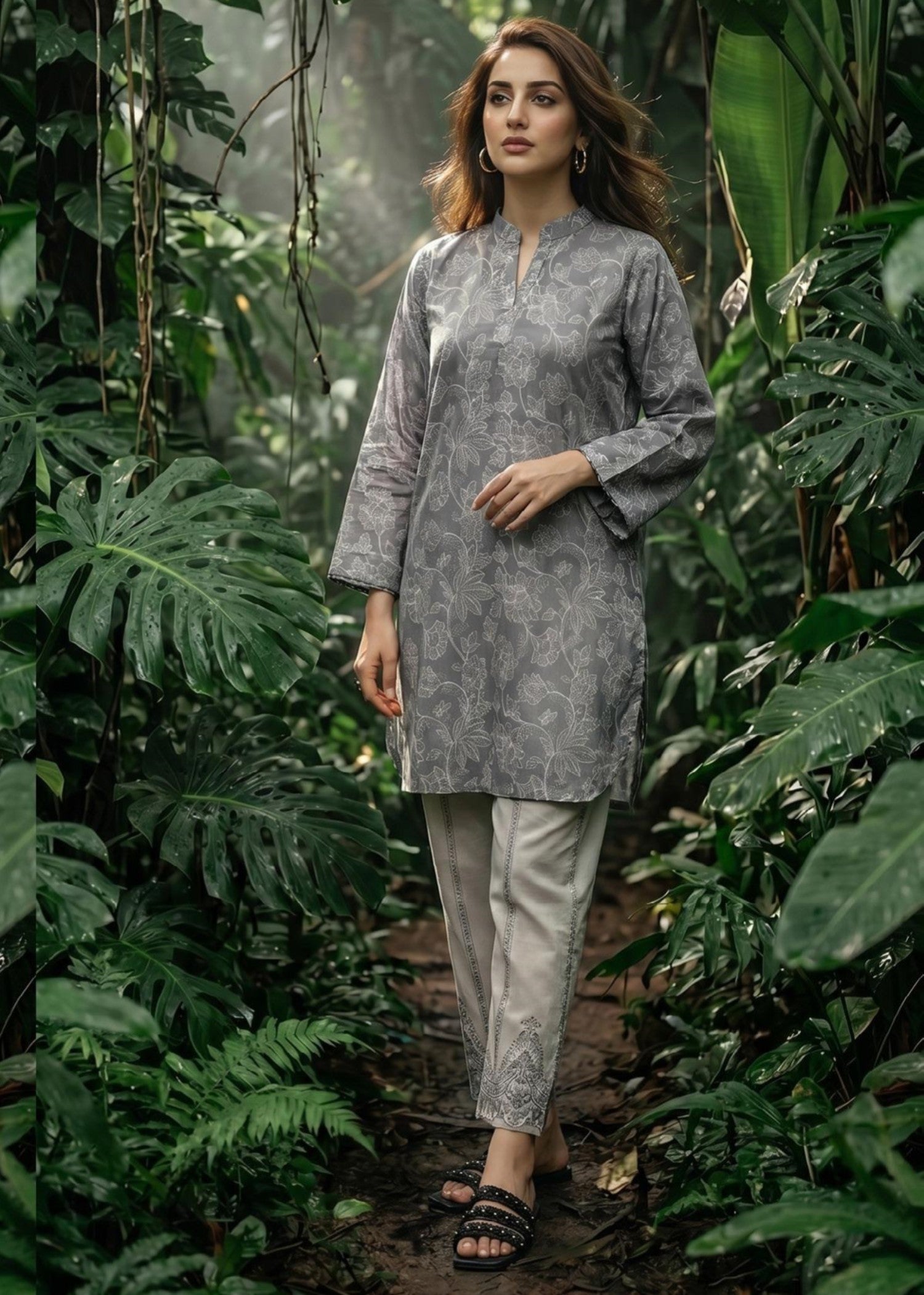 slub lawn Kurta Set in Grey