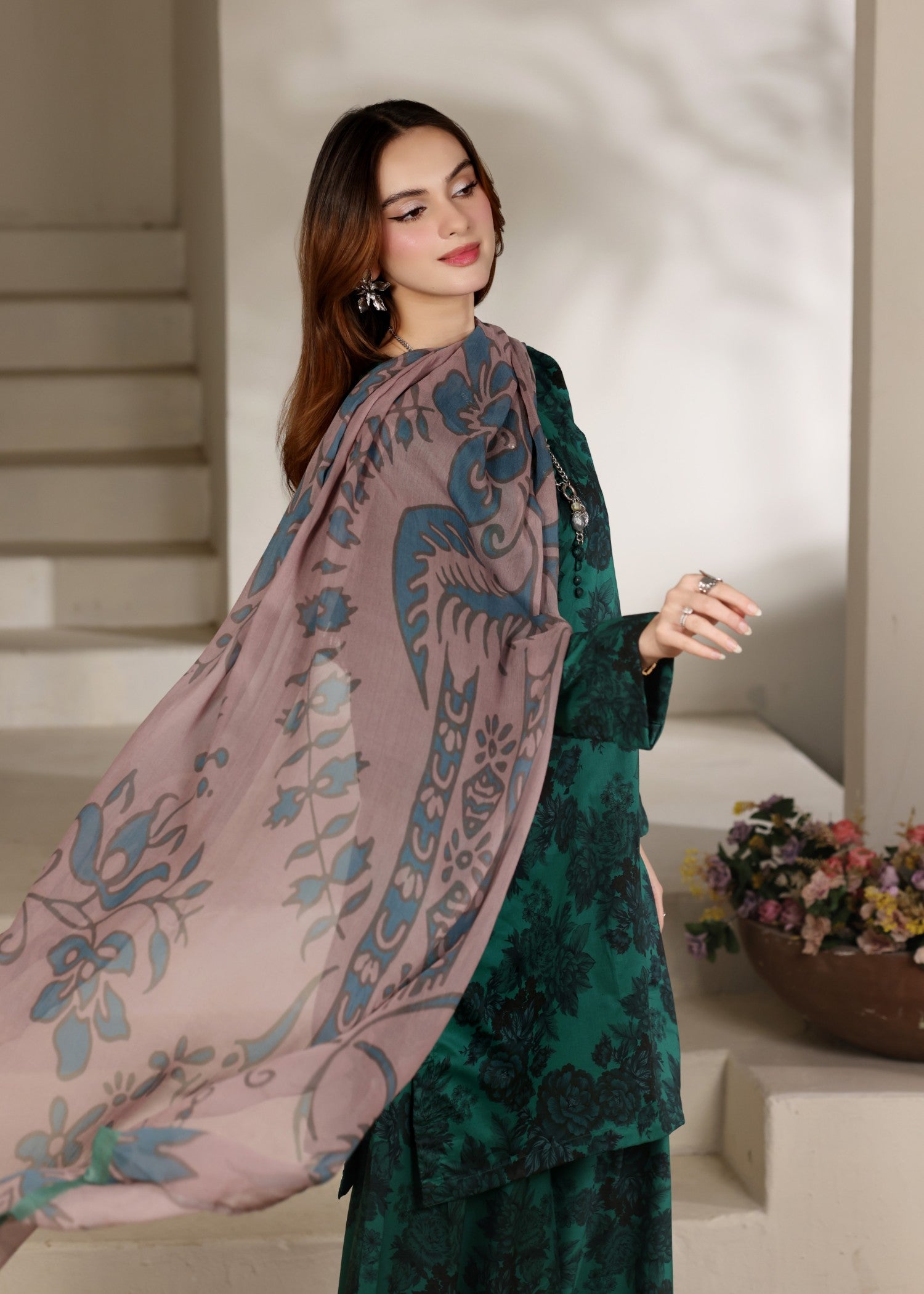 lawn Kurta Set in Dark green, sea green