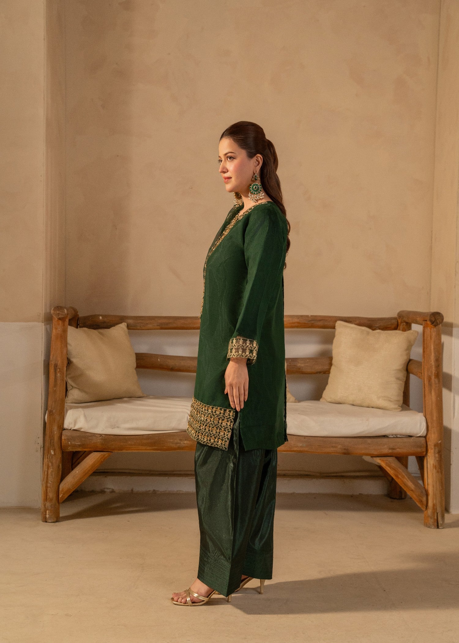 chiffon Kurta Set in Dark green
