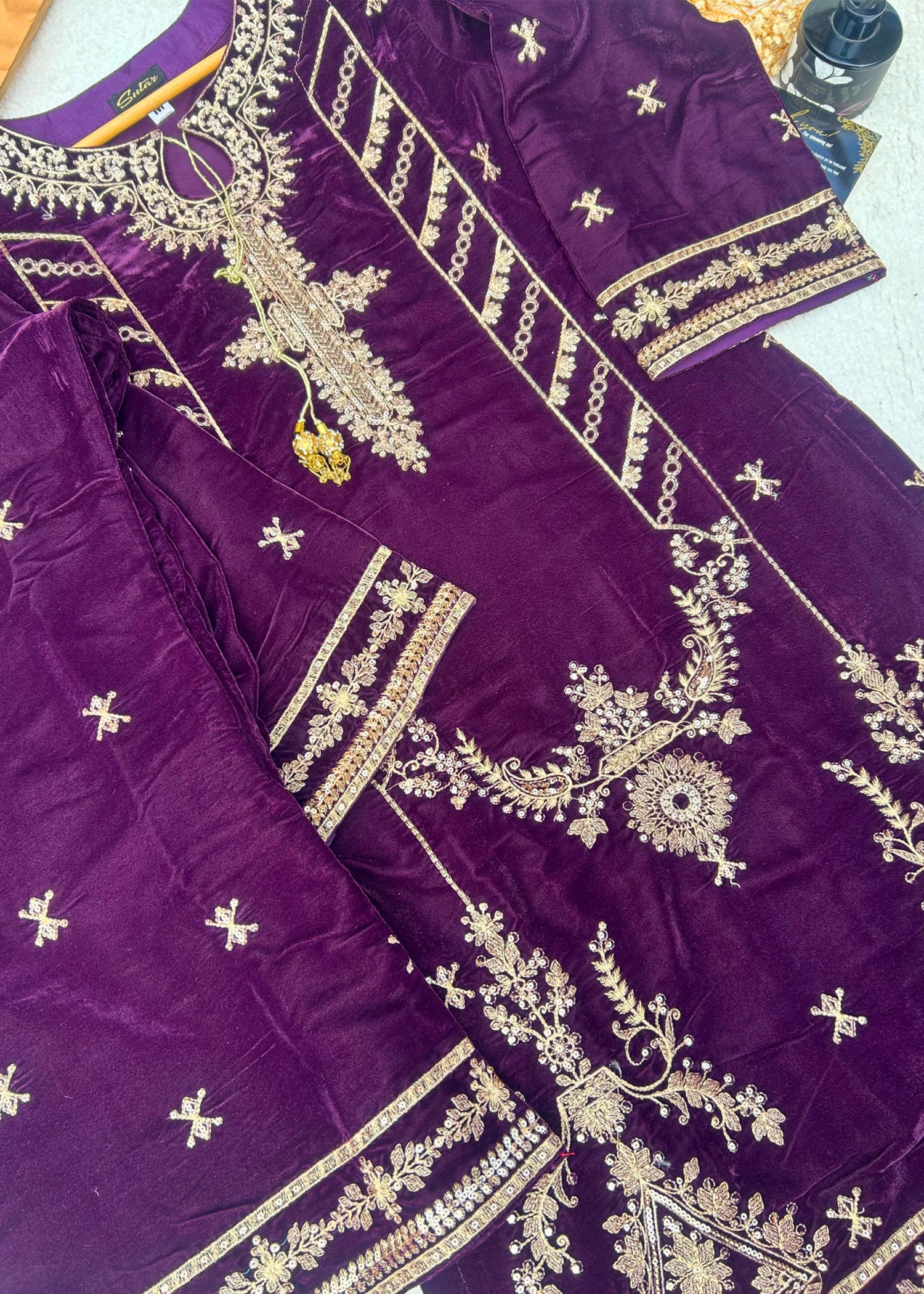 chinese micro velvet 9000 Kurta Set in Deep purple