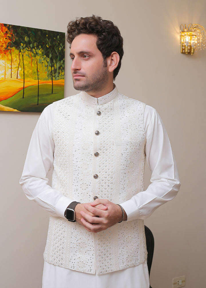 banarsi silk Waistcoat in Off-white