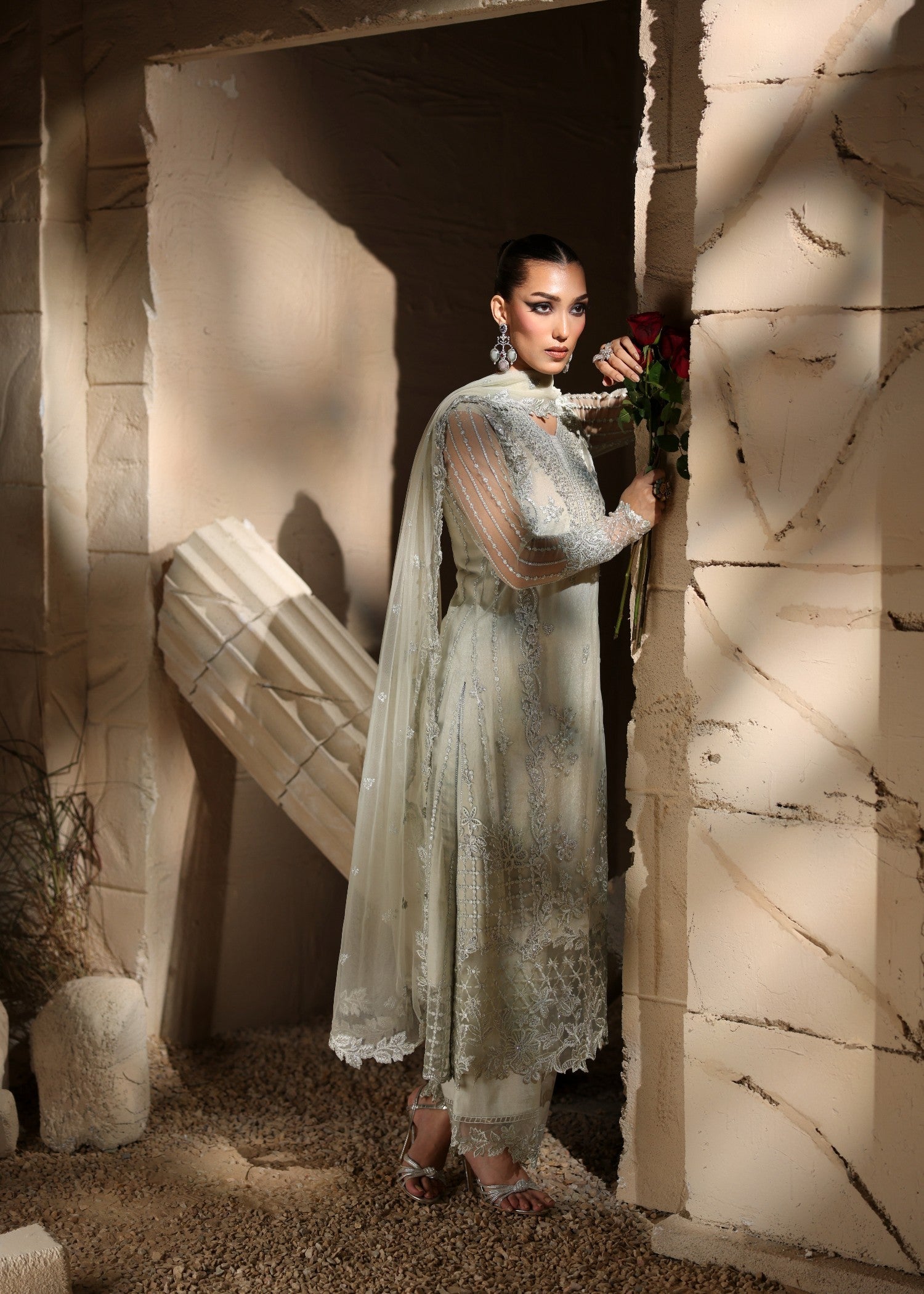 net Kurta Set in Tea green