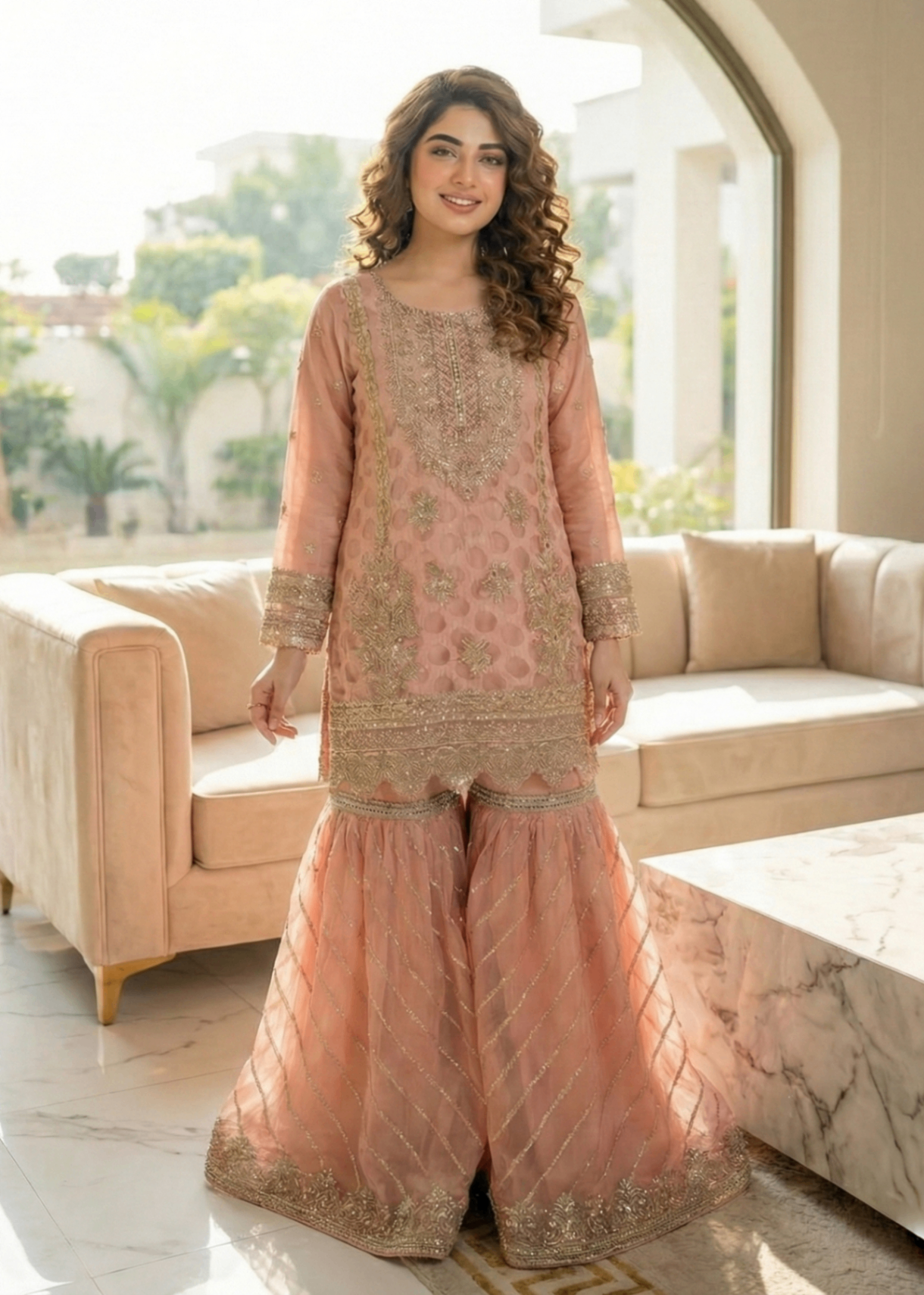 organza Gharara in Peach pink