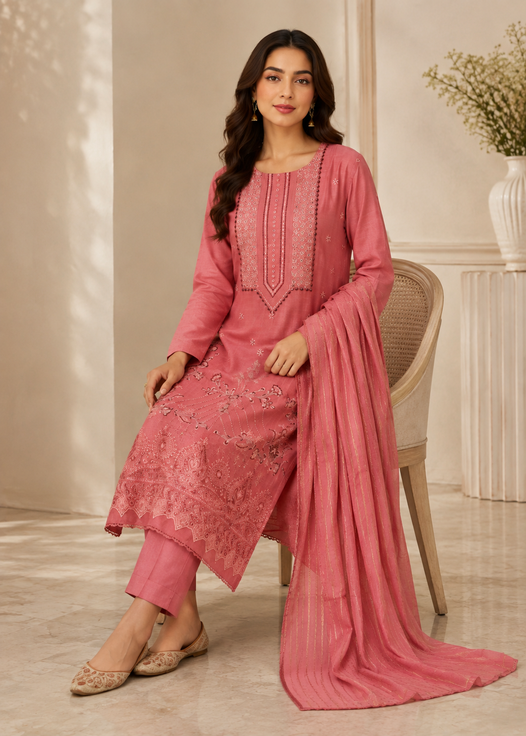 lawn cotton Kurta Set in Bubblegum pink
