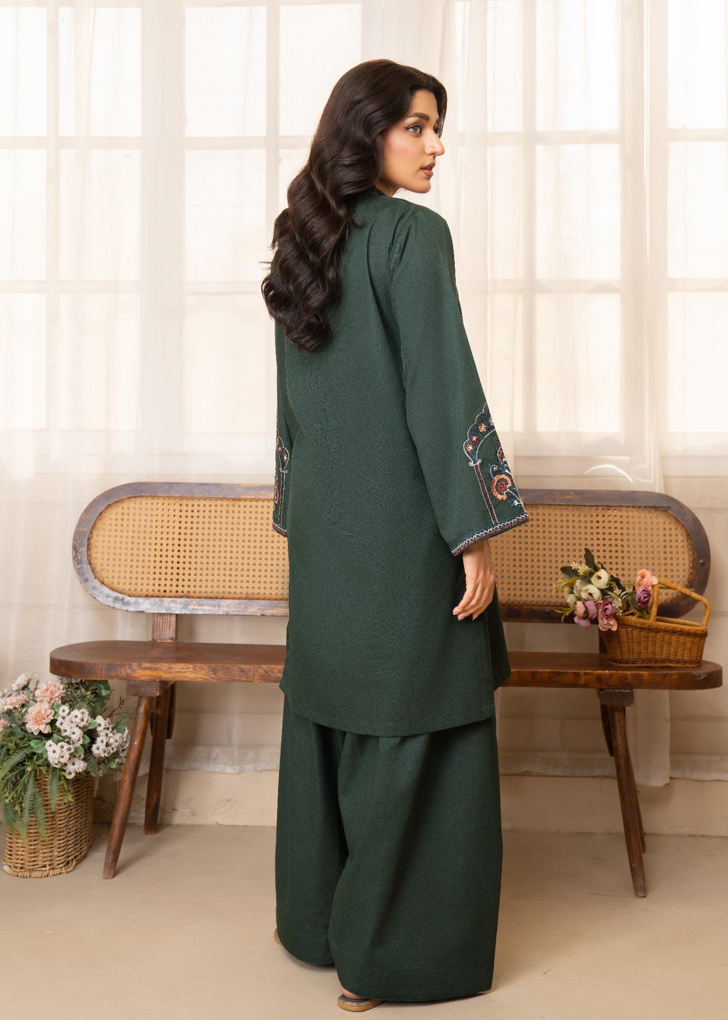 twill khaddar Kurta Set in Dark green