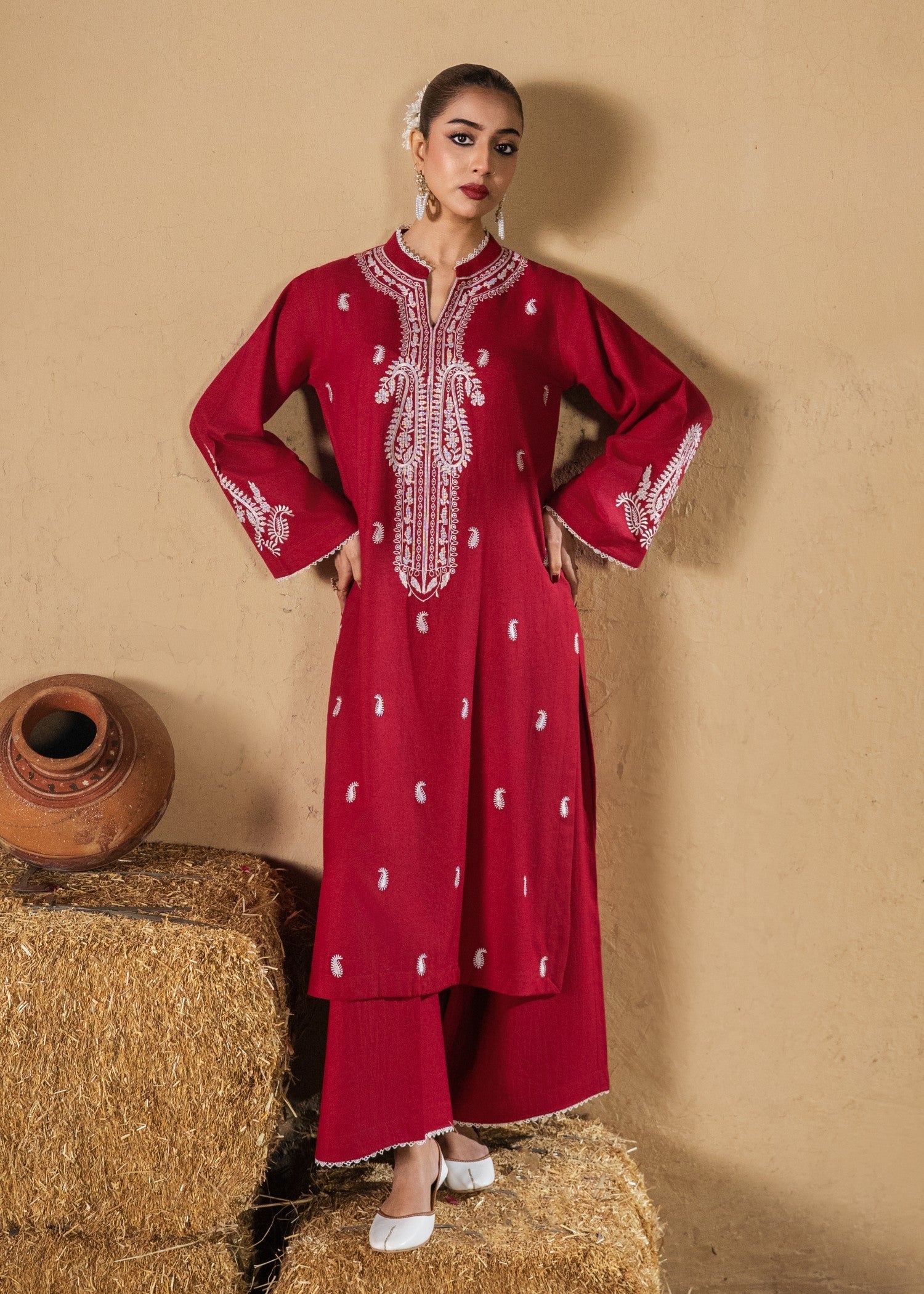 dhanak Kurta Set in Crimson