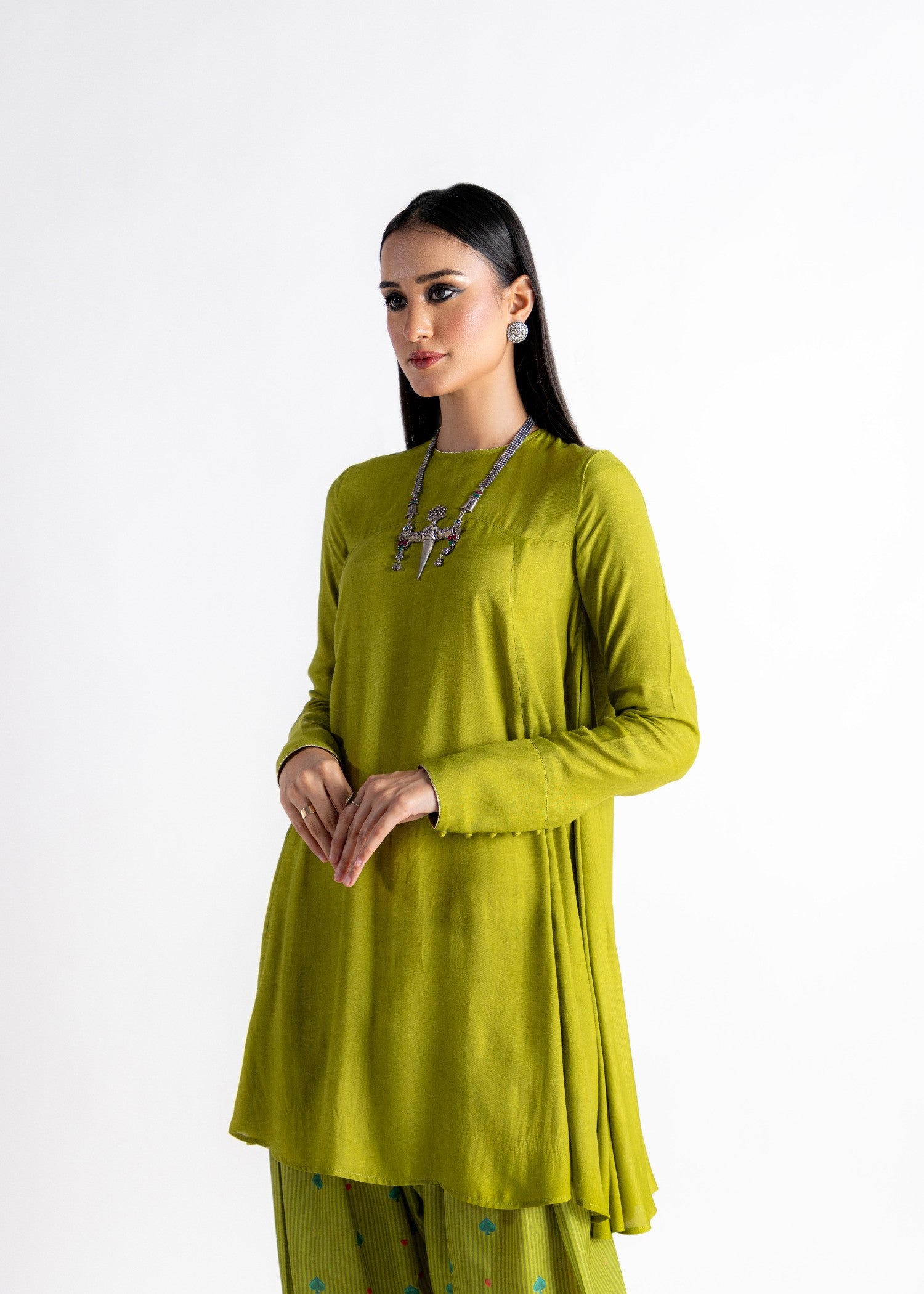cotton silk Short Frock in Olive green