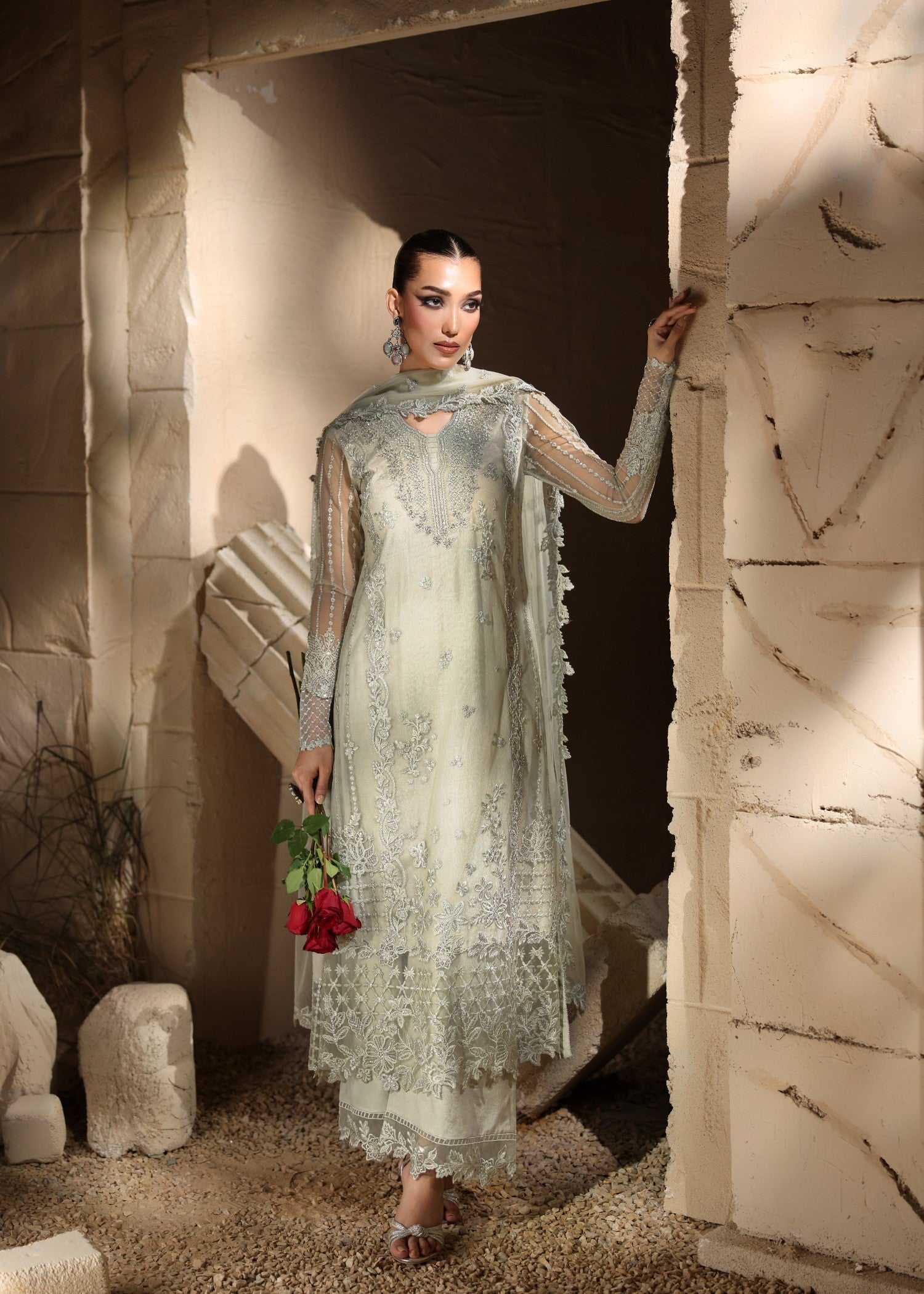 net Kurta Set in Tea green