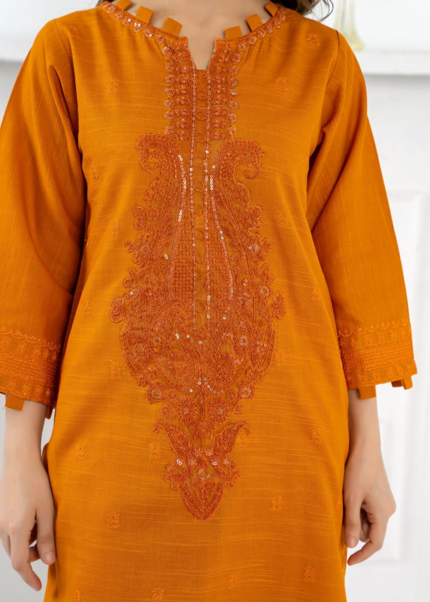 slub khaddar Kurta Set in Mustard