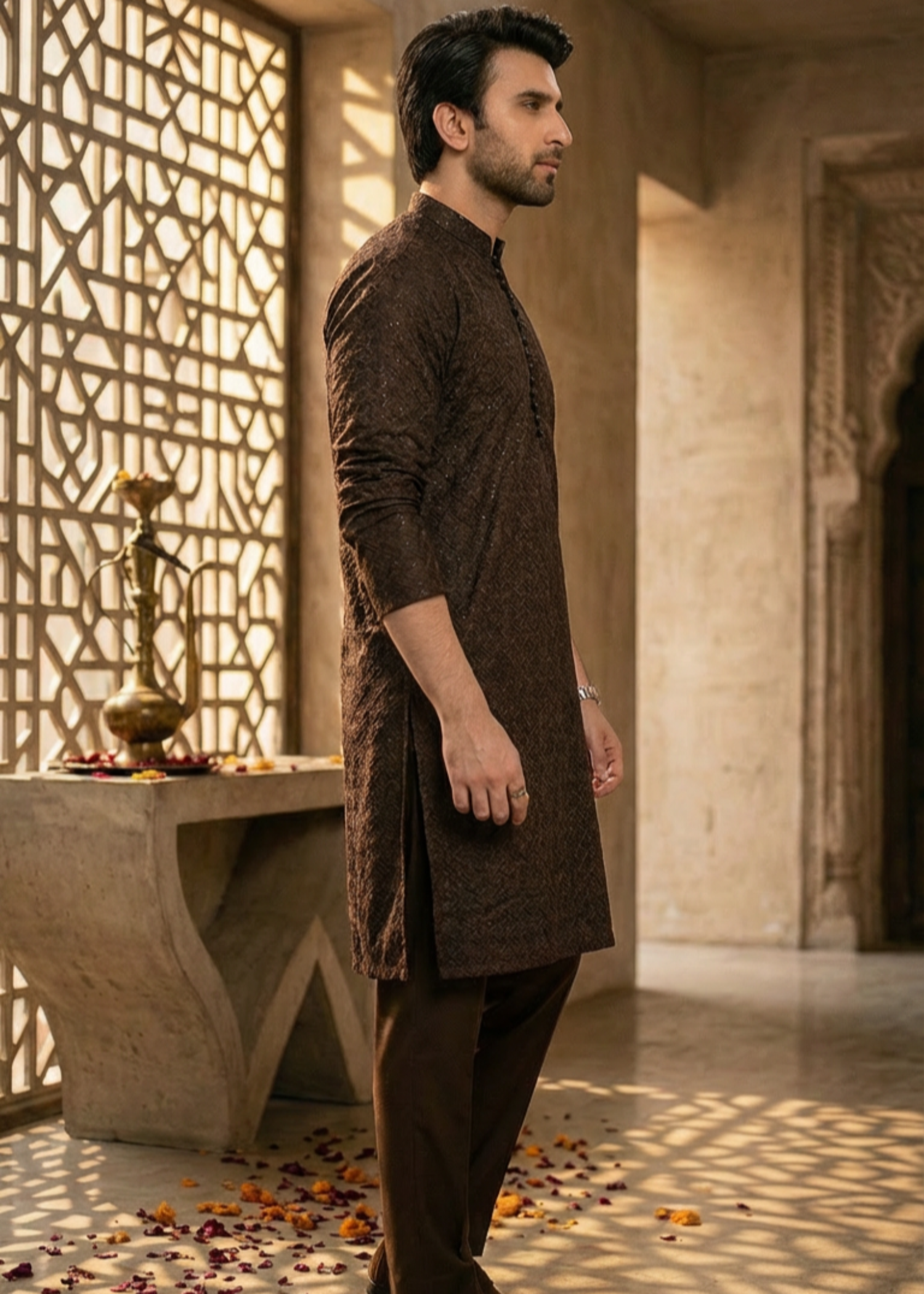 chikankari cotton Kurta Set in Chocolate brown by Decuir