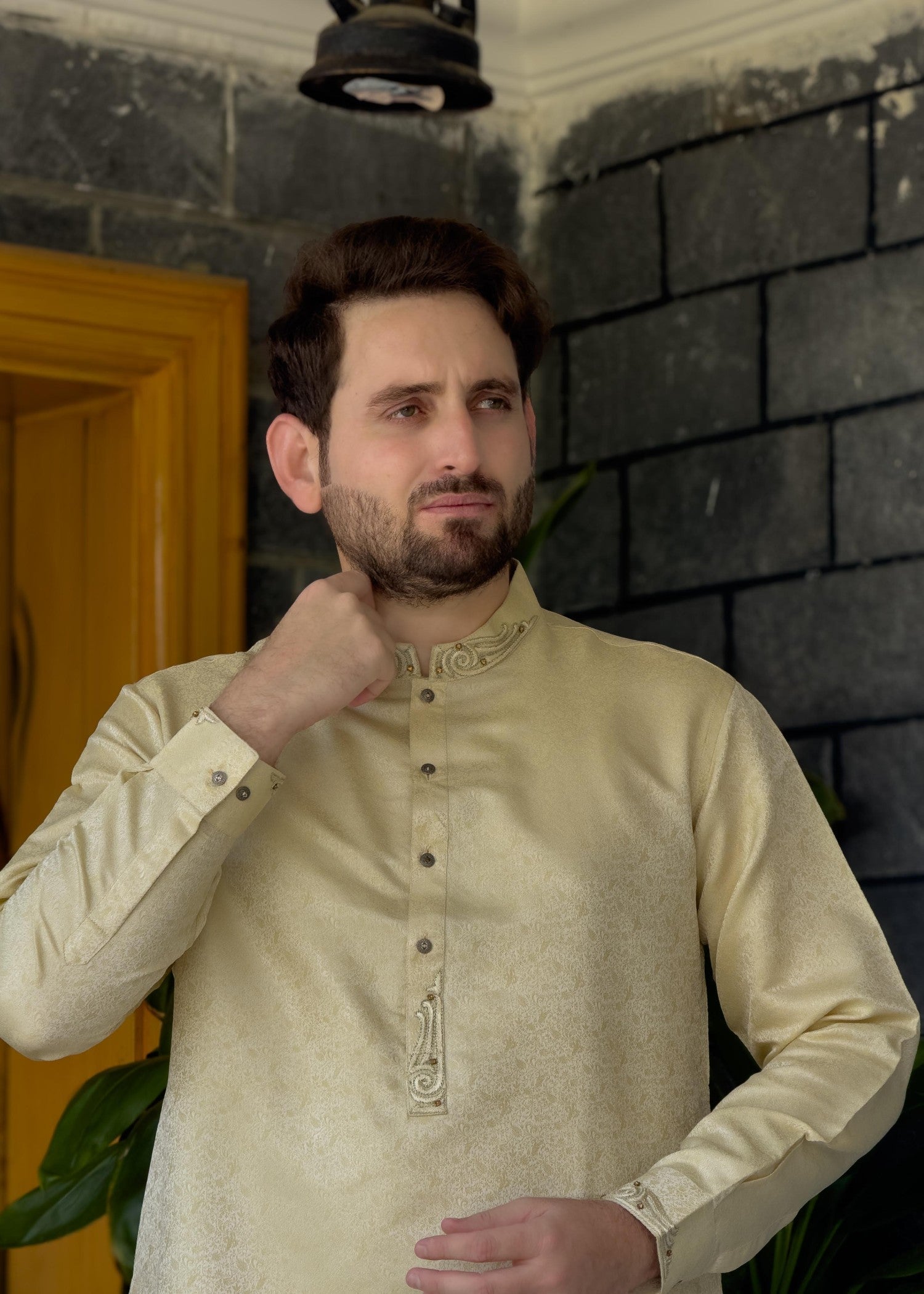 traditional jamawar Kurta in Autumn gold