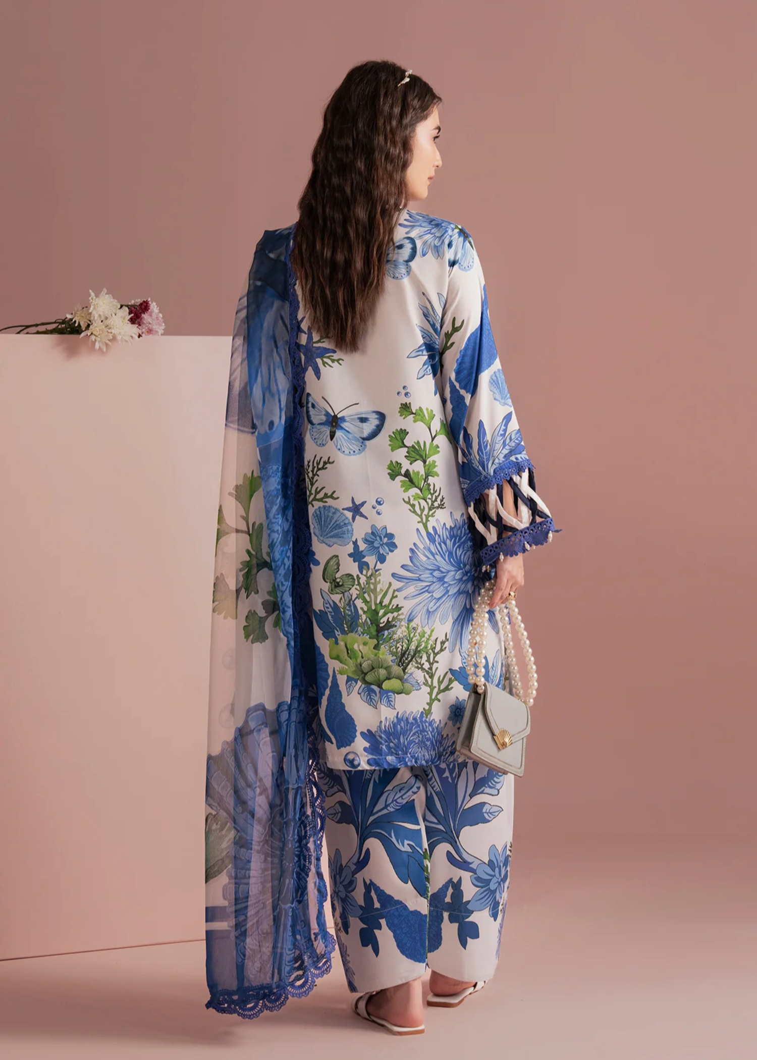 lawn Kurta Set in Blue, white