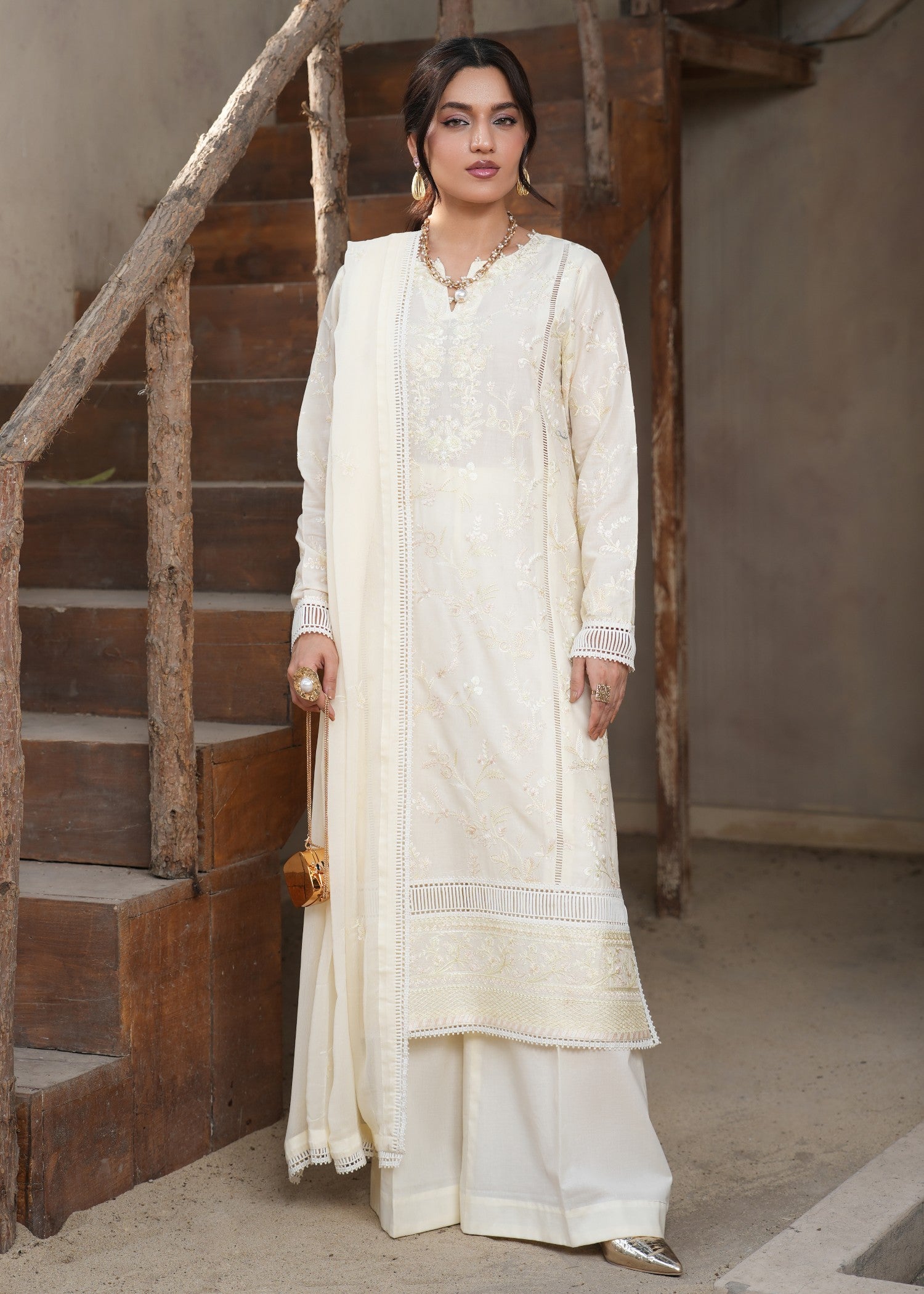 lawn Kurta Set in Off-white, goldfish orange