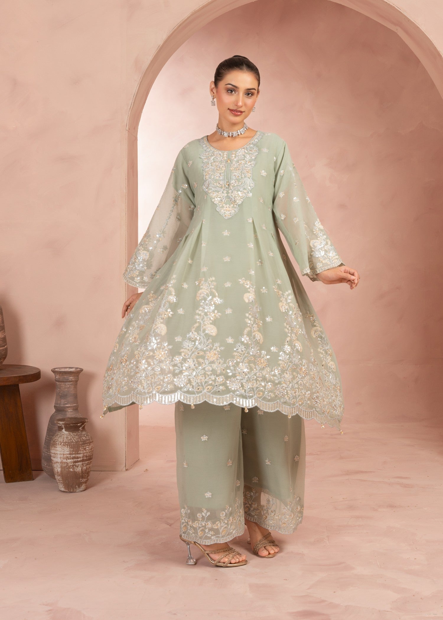 bemberg crinkle chiffon Short Frock in Pistachio green