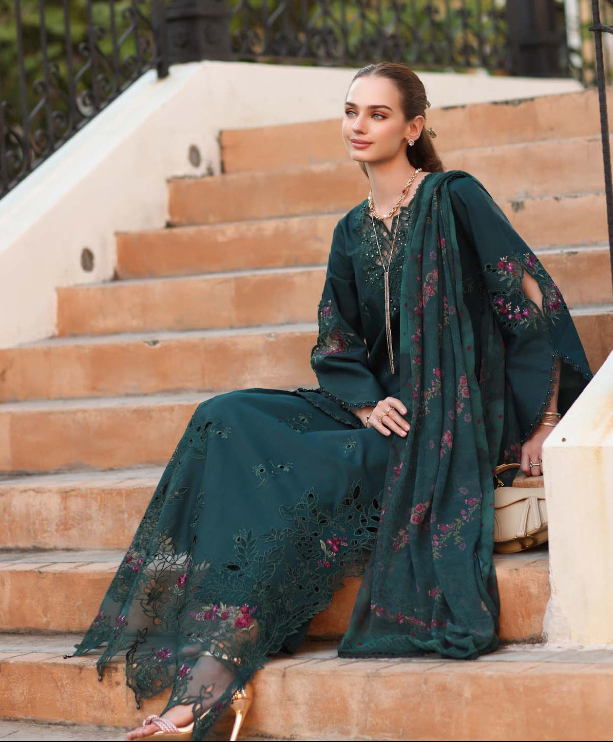 Noor Eid Luxe Printskhaas Lawn – D5 - A - Teal Grove