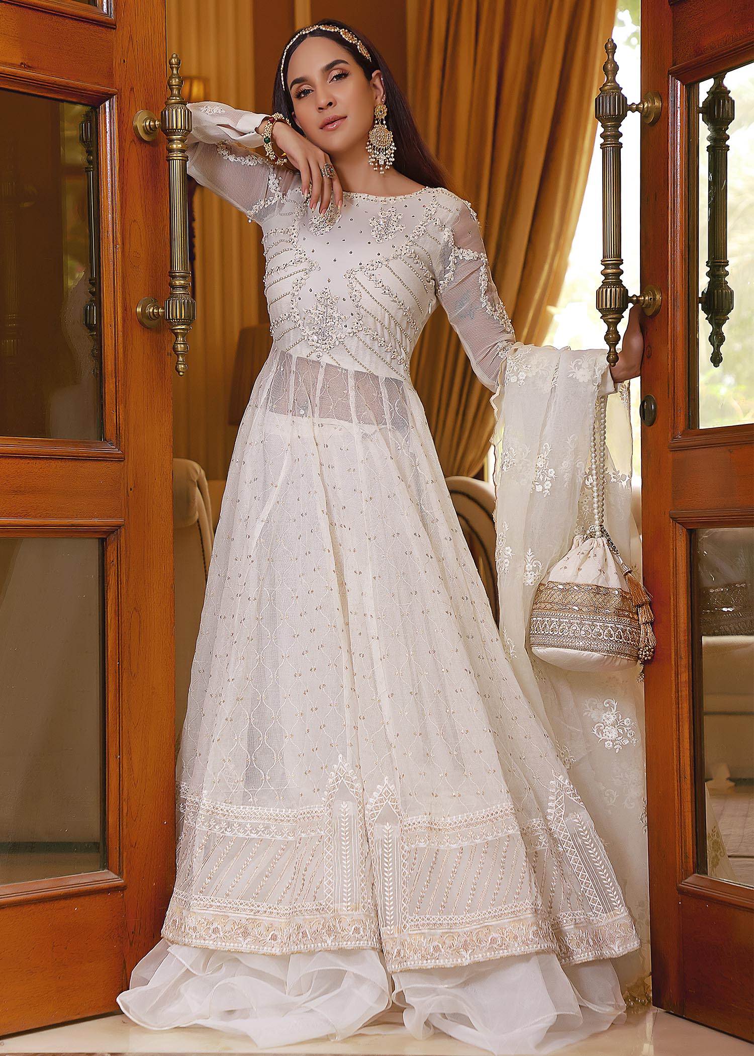 cotton karandi Pishwas in Ivory