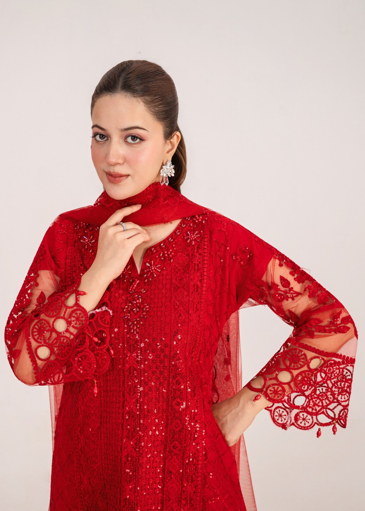 net Kurta Set in Red