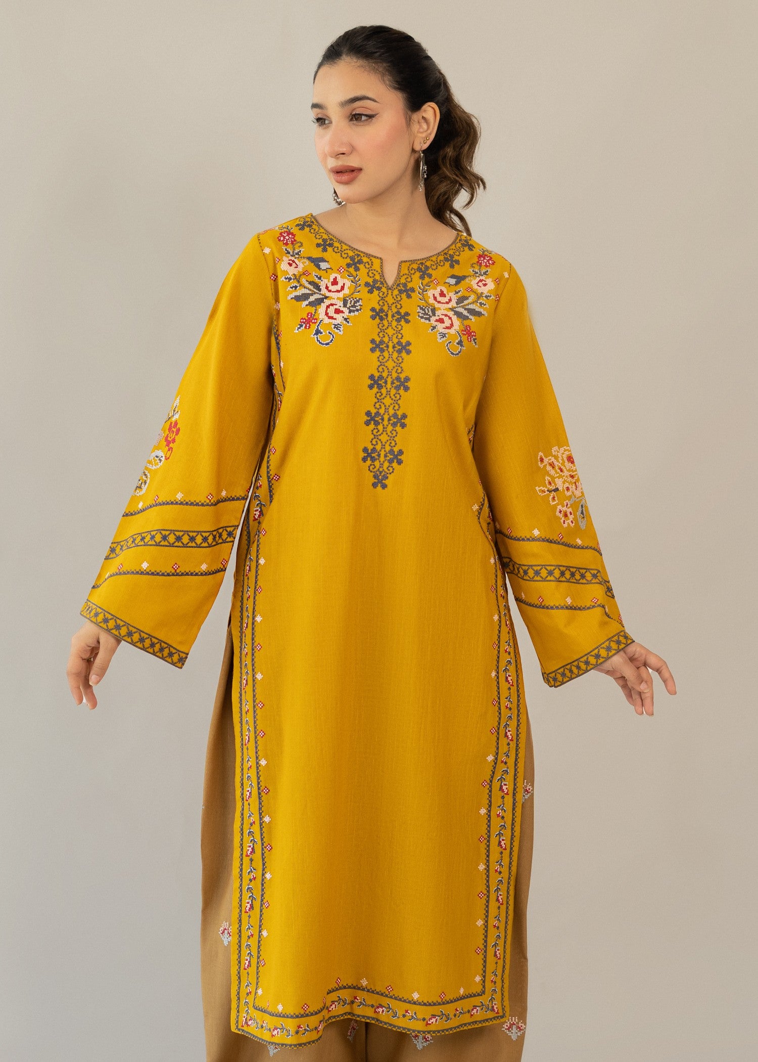 slub khaddar Kurta Set in Mustard, almond brown
