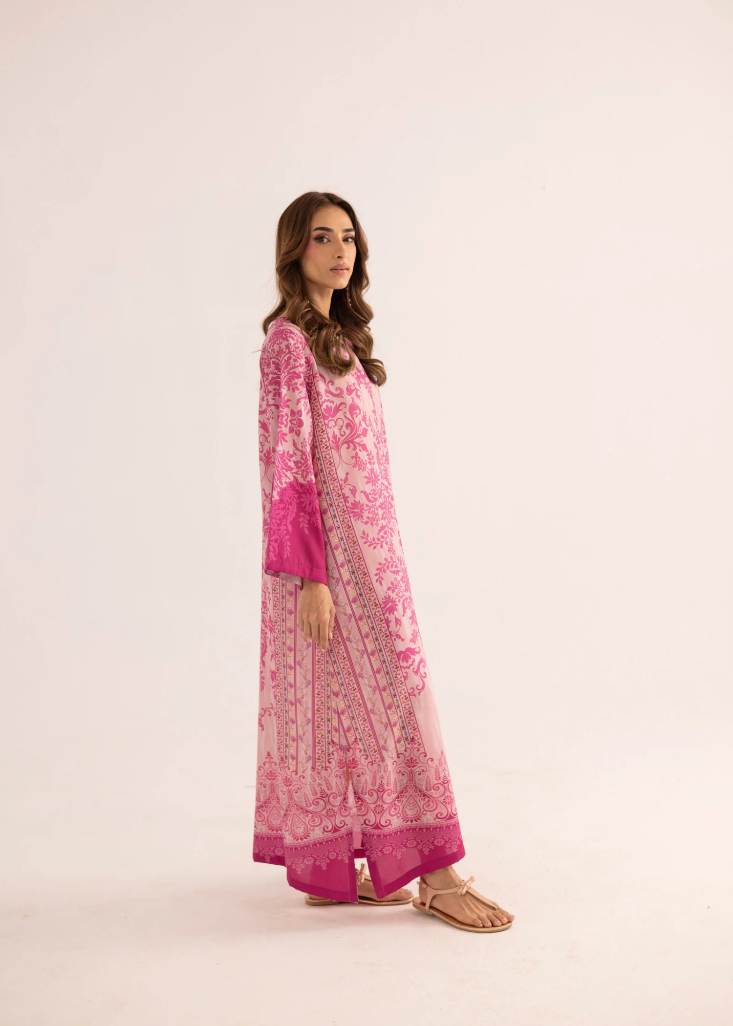 silk finish lawn Kaftan in Watermelon pink