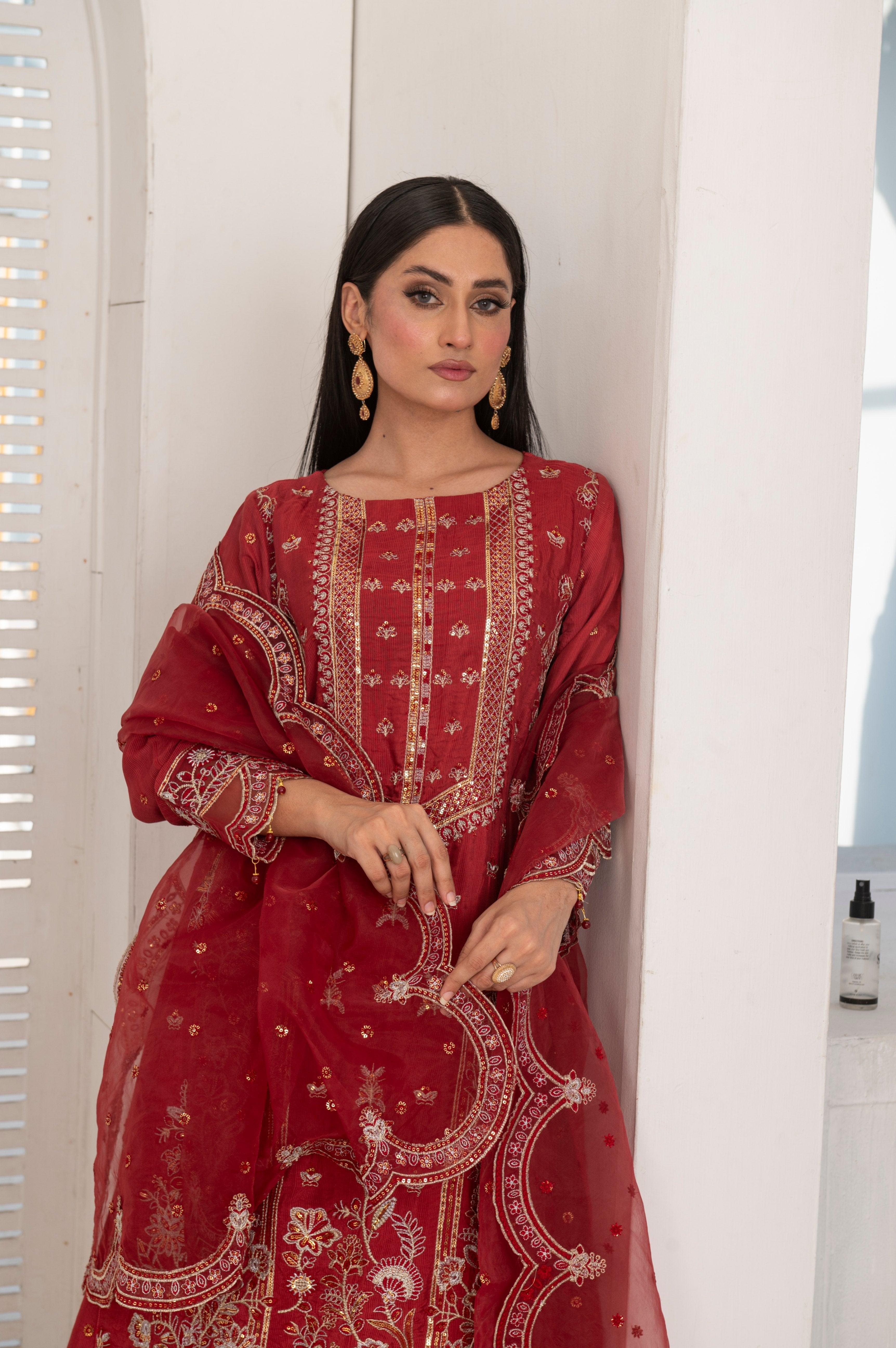 raw silk Sharara in Blood red