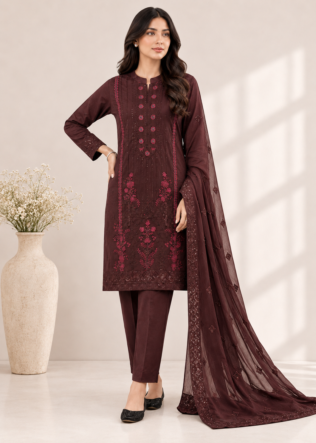 cotton Kurta Set in Dark brown