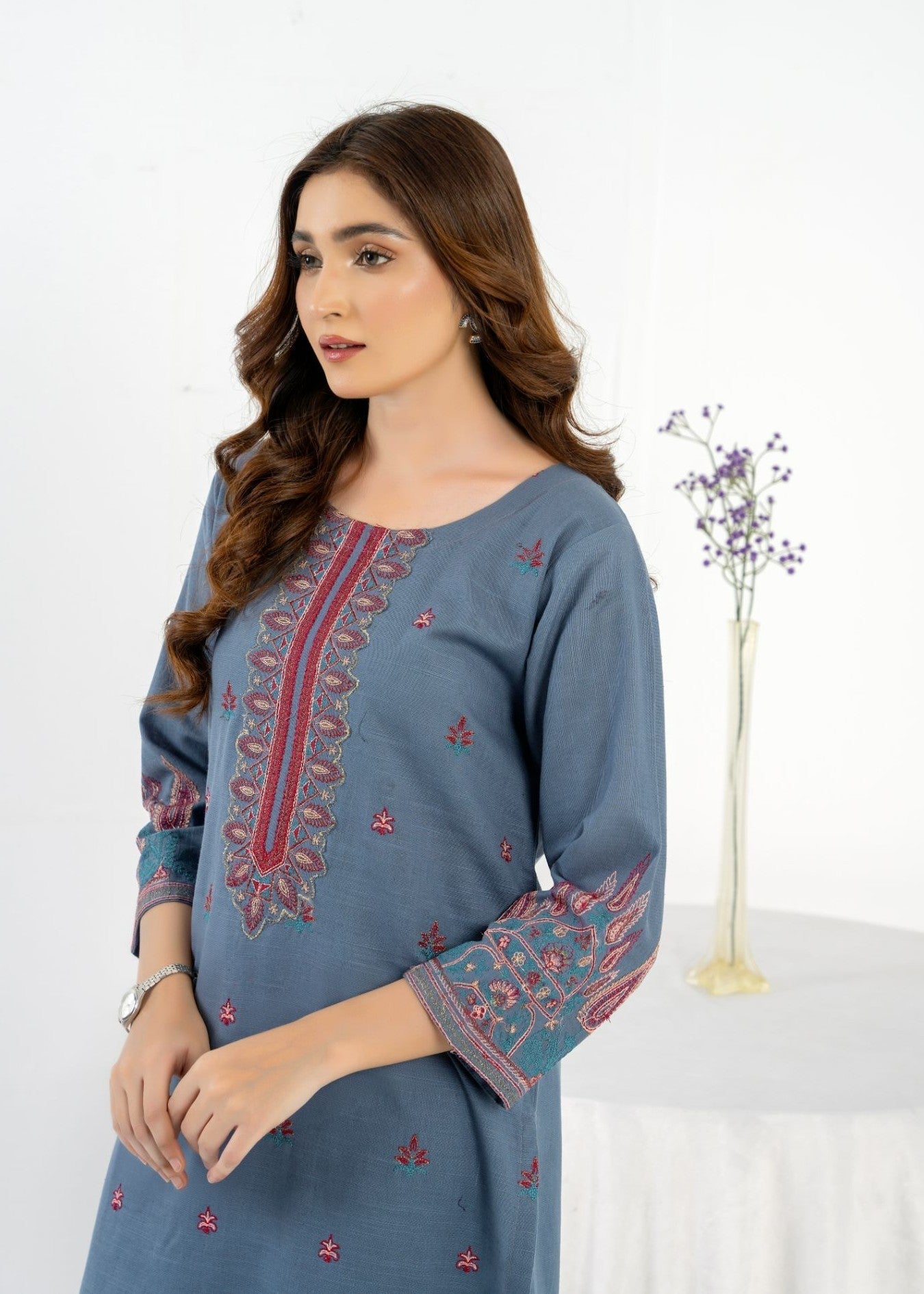 slub khaddar Kurta Set in Slate grey