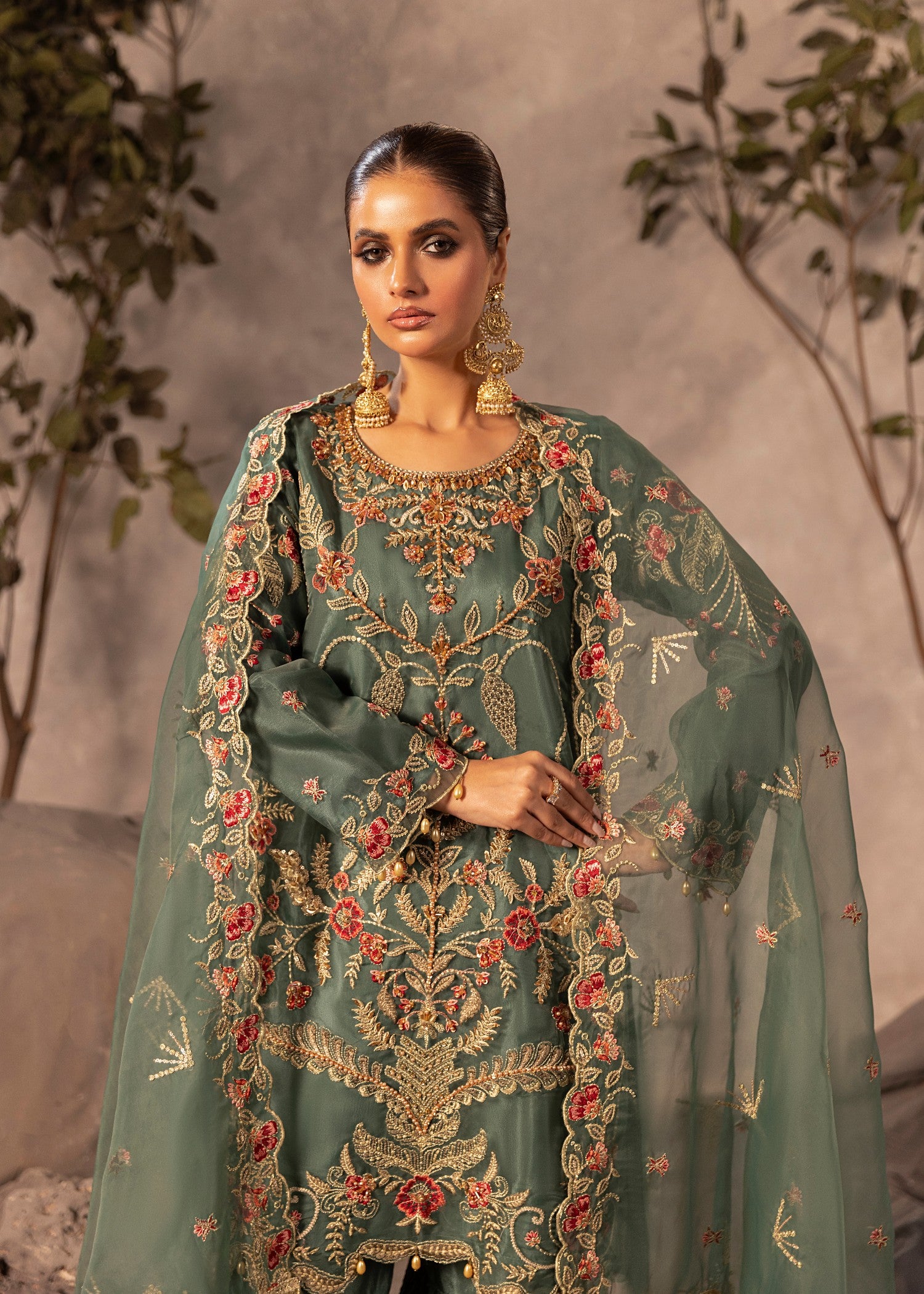 organza Gharara in Green