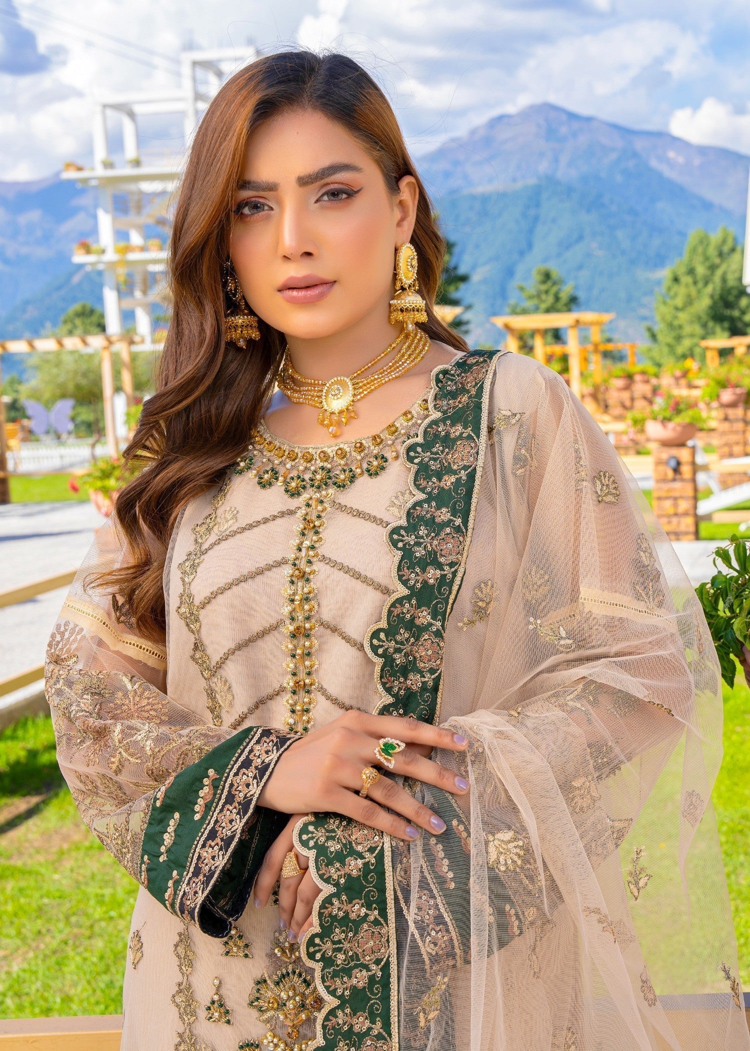 net Kurta Set in Tan brown