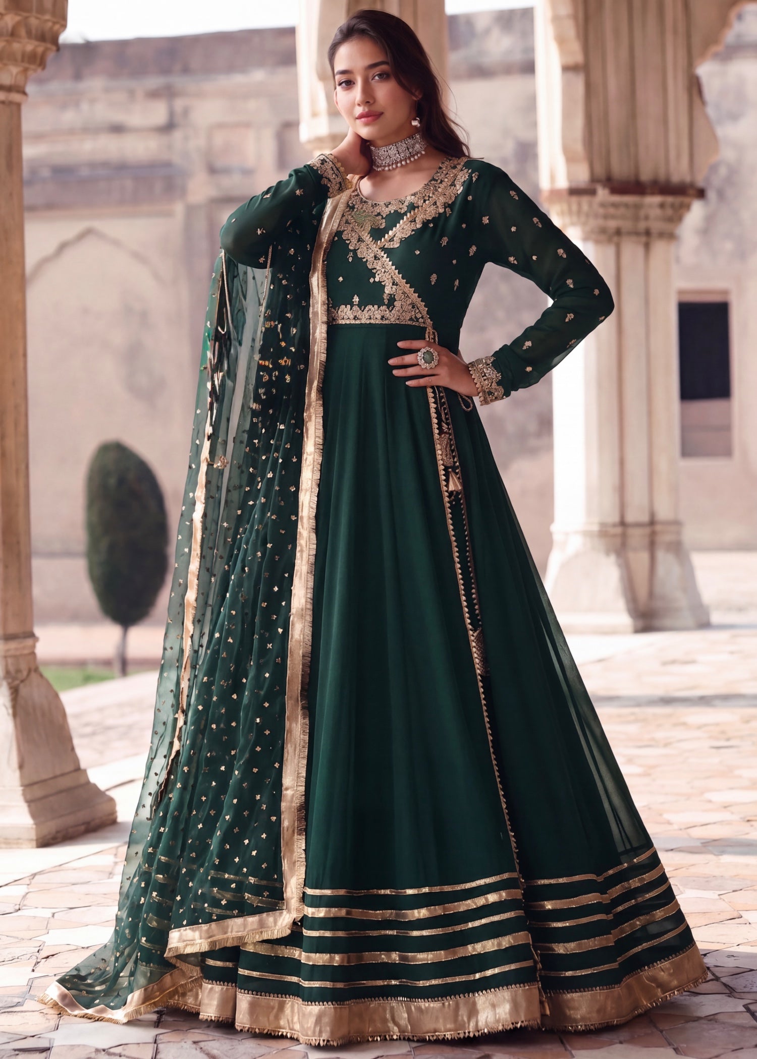 chiffon Angrakha in Dark green
