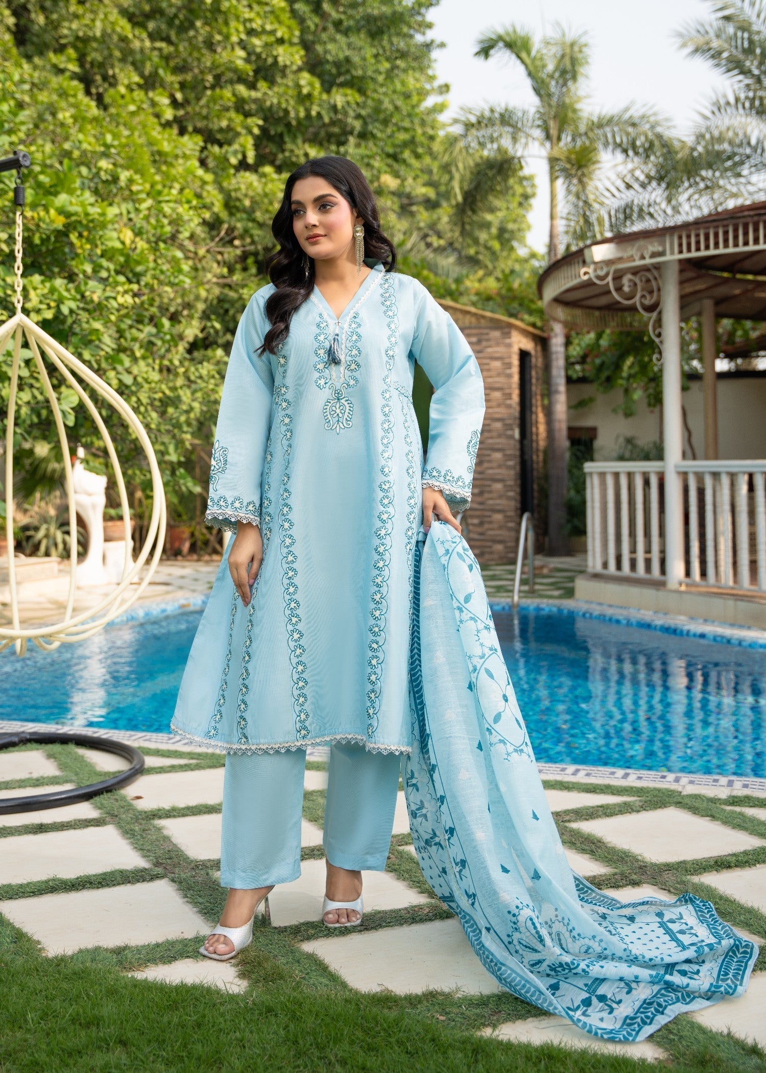 khaddi net Pishwas in Sky blue