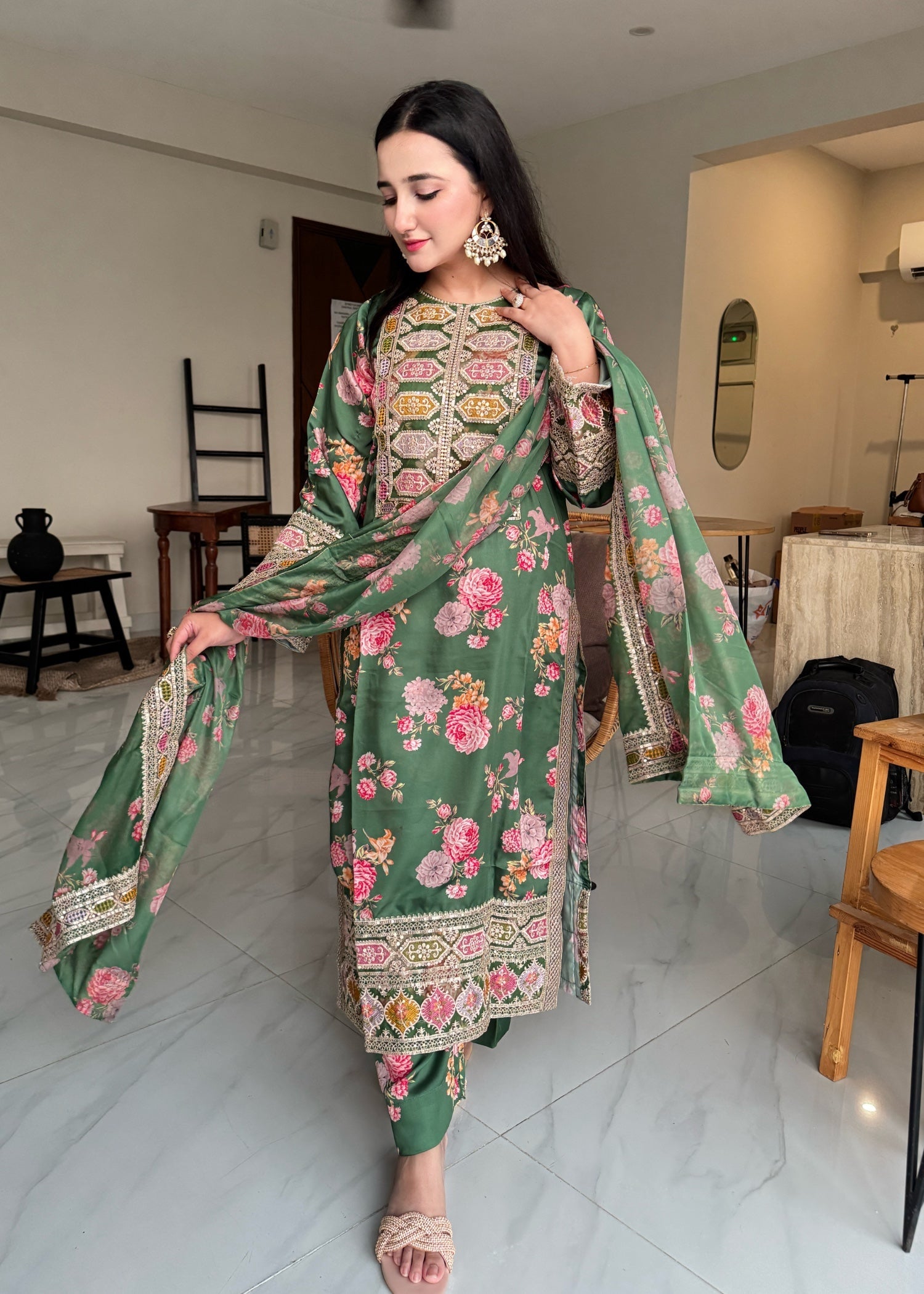 silk Kurta Set in Fern green
