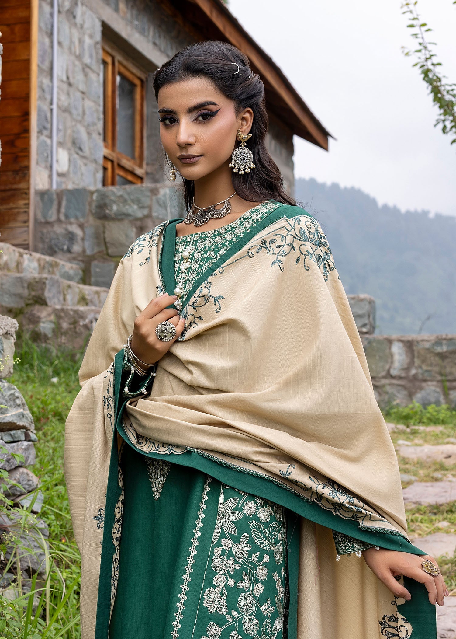 khaddar Kurta Set in Jungle green