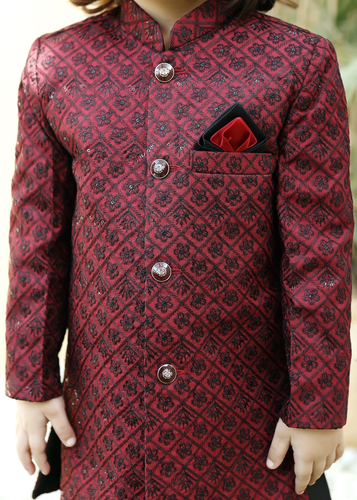 raw silk Sherwani in Berry red