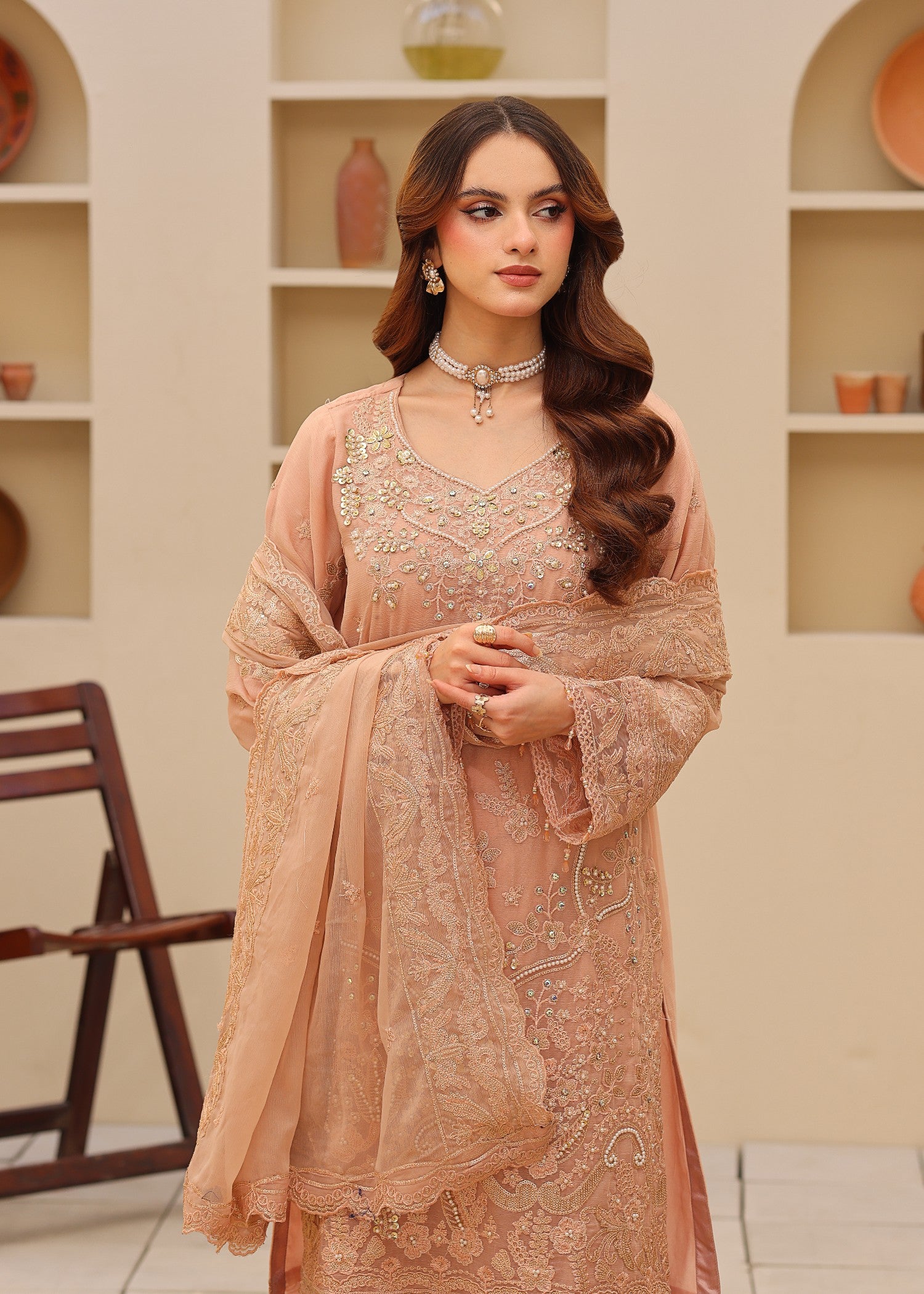 chiffon Kurta Set in Peach orange