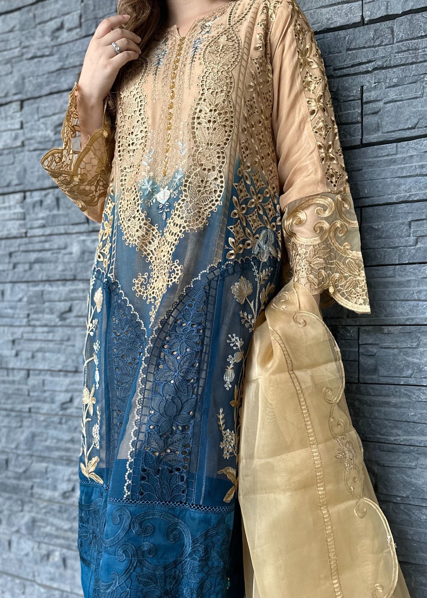chiffon Kurta Set in Teal, buttercream