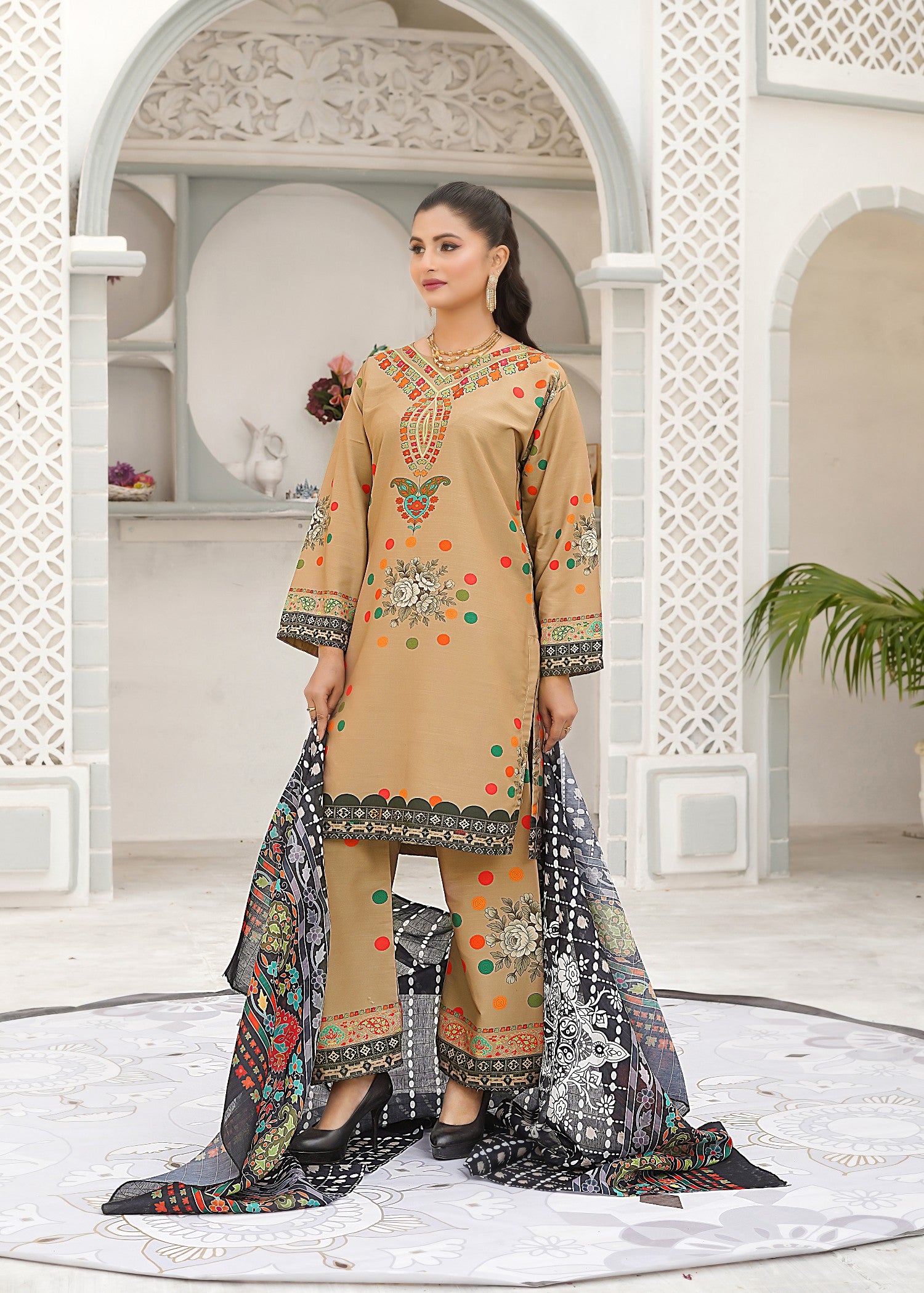 slub cambric Kurta Set in Camel brown