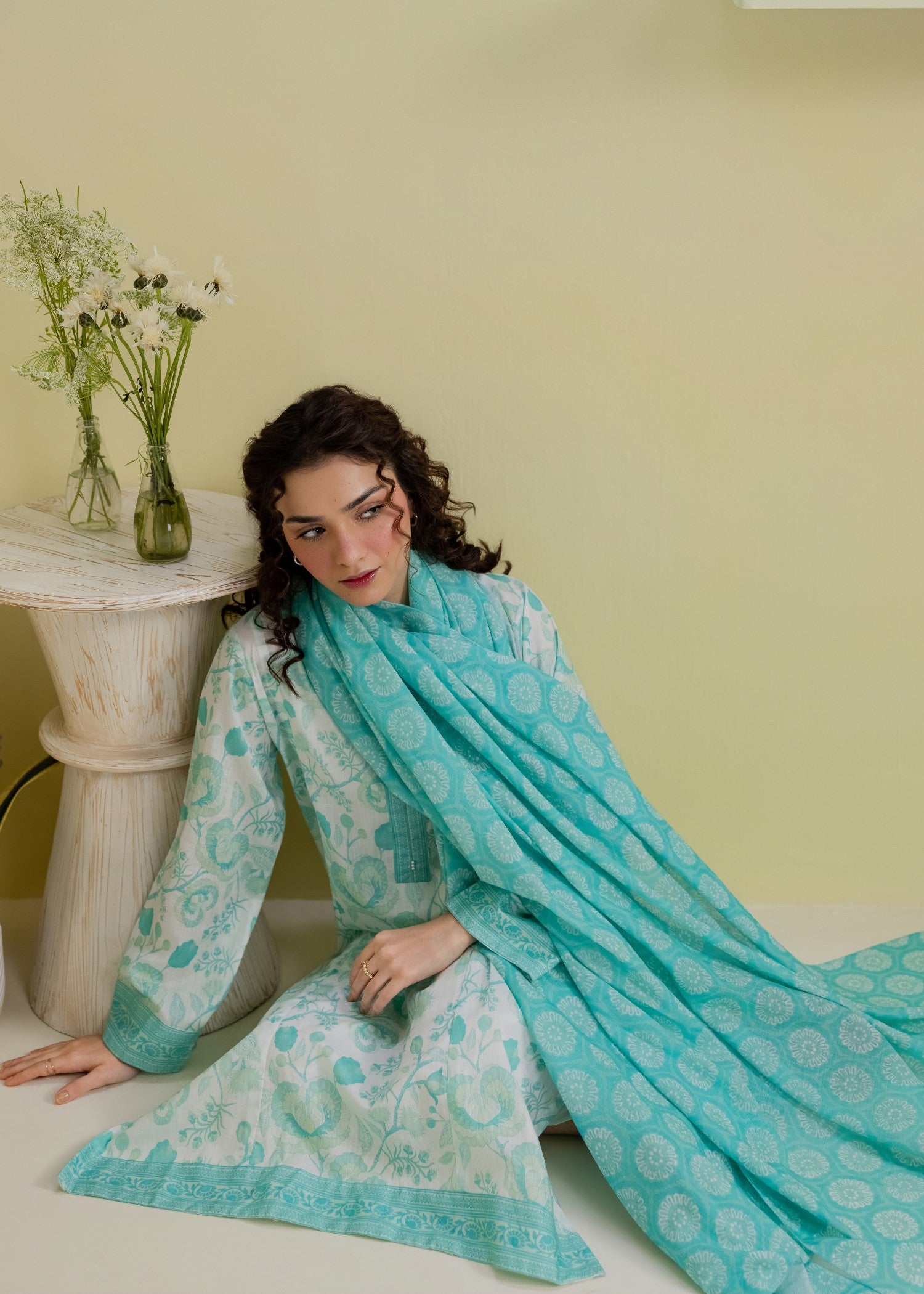 slub lawn Kurta Set in Sky blue, white