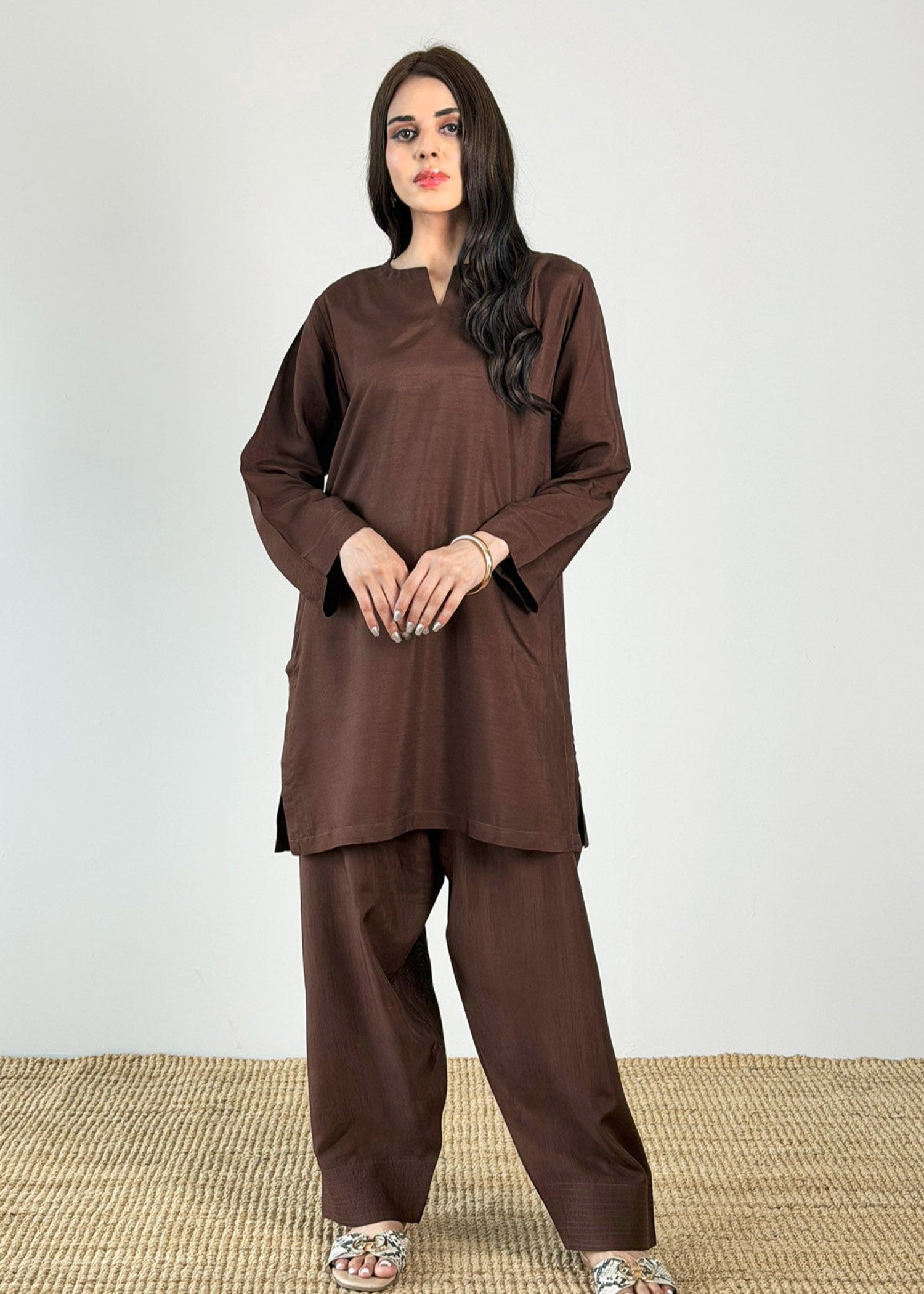 korean raw silk Kurta Set in Dark brown