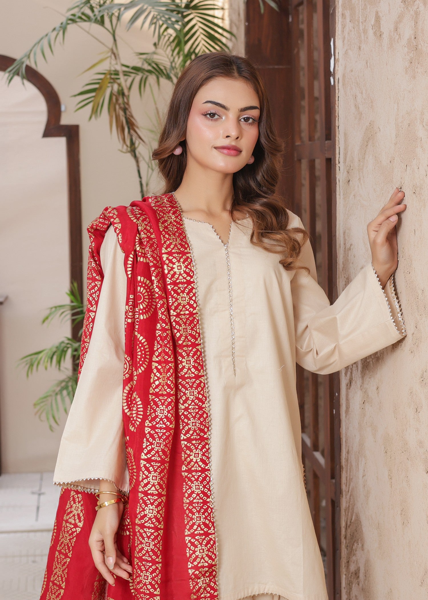 cambric Kurta Set in Fire red