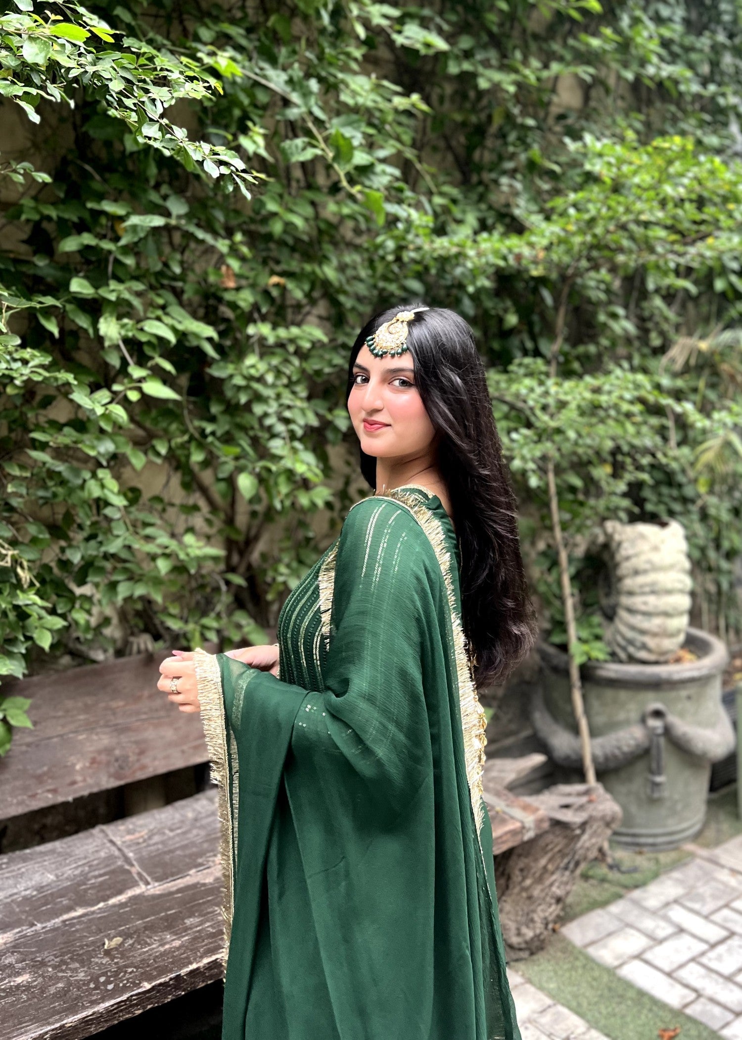 chiffon Kurta Set in Bottle green