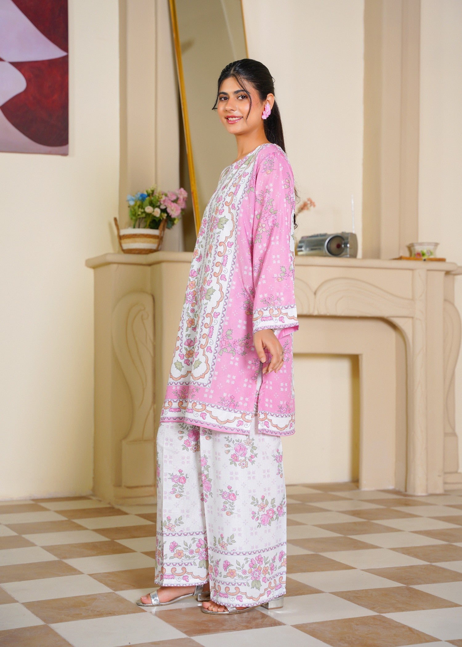 slub cambric Kurta Set in Blush pink
