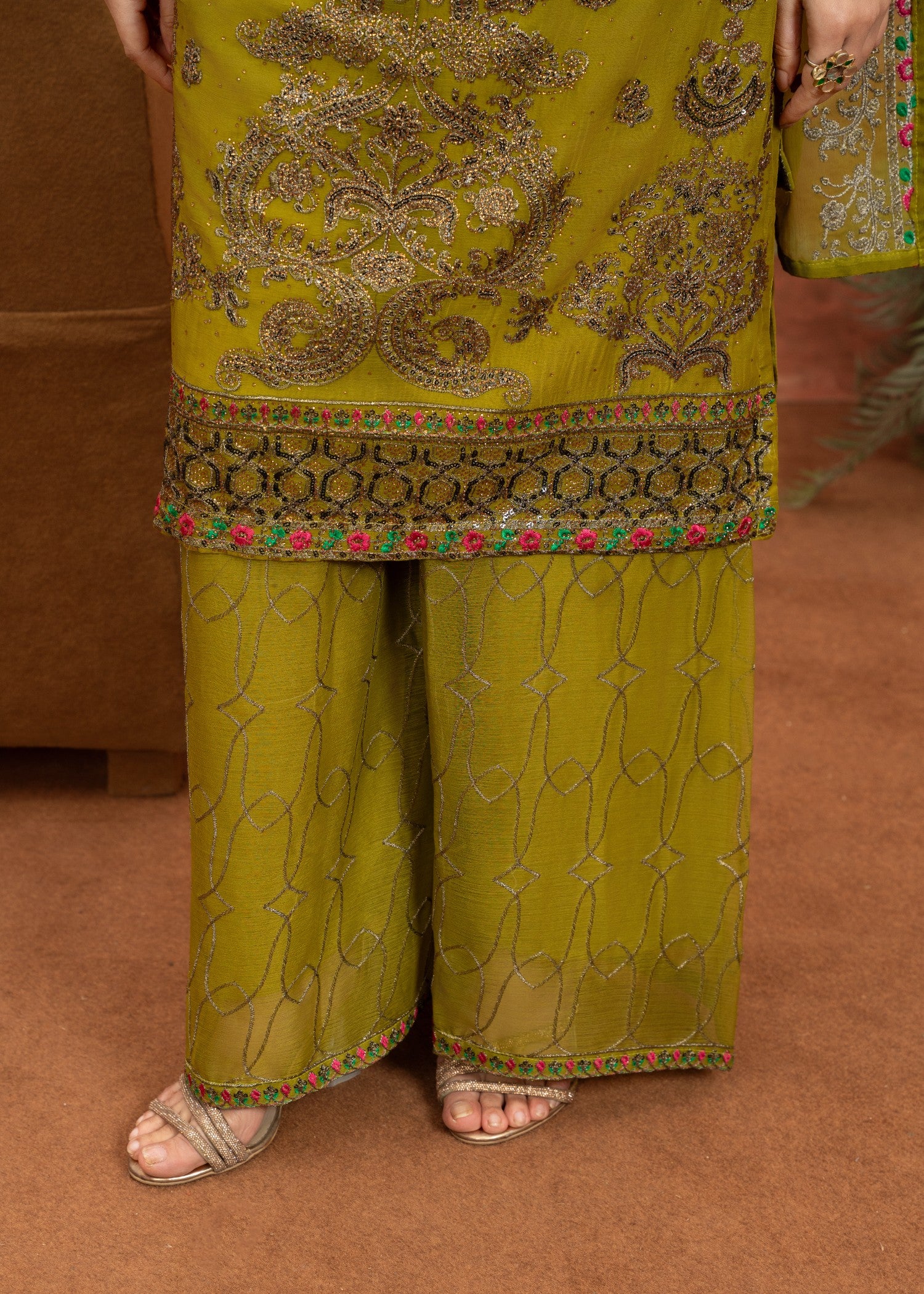 chiffon Kurta Set in Olive green